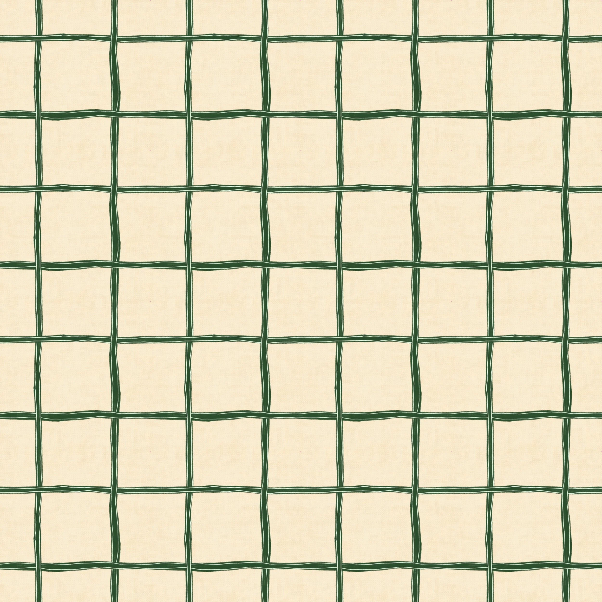 A hand-drawn grid in deep garden green on warm cream — the kind of trellis you'd string your tomatoes along in late summer. The lines are slightly uneven, the way a real trellis is, made by hand and weathered by a few good seasons. Simple, grounded, 