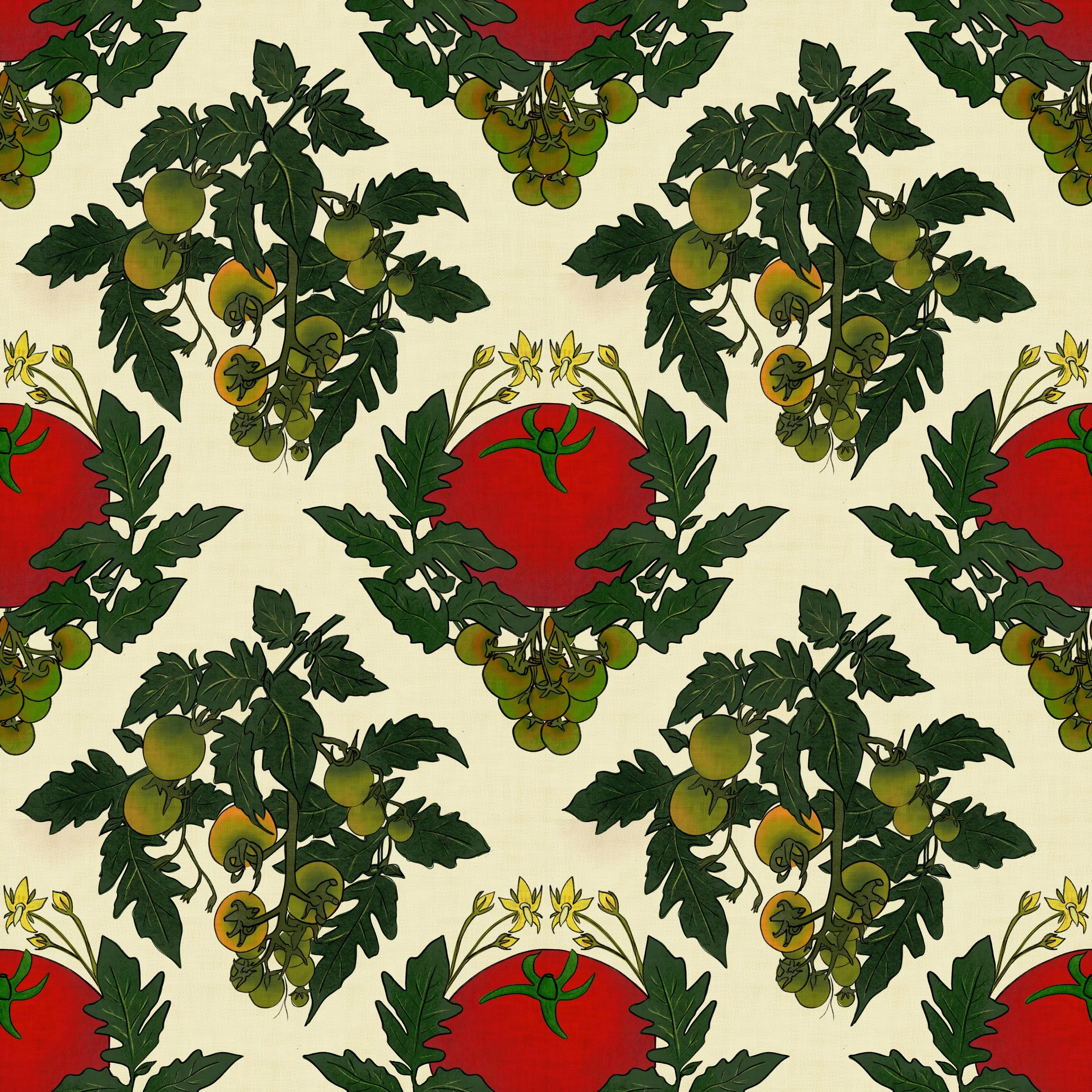 Lush tomato vines — laden with fruit at every stage from tight green clusters to blushing ripeness — arc and mirror into a formal diamond lattice, anchored at each meeting point by a bold crimson tomato rendered in graphic relief. Small yellow flower