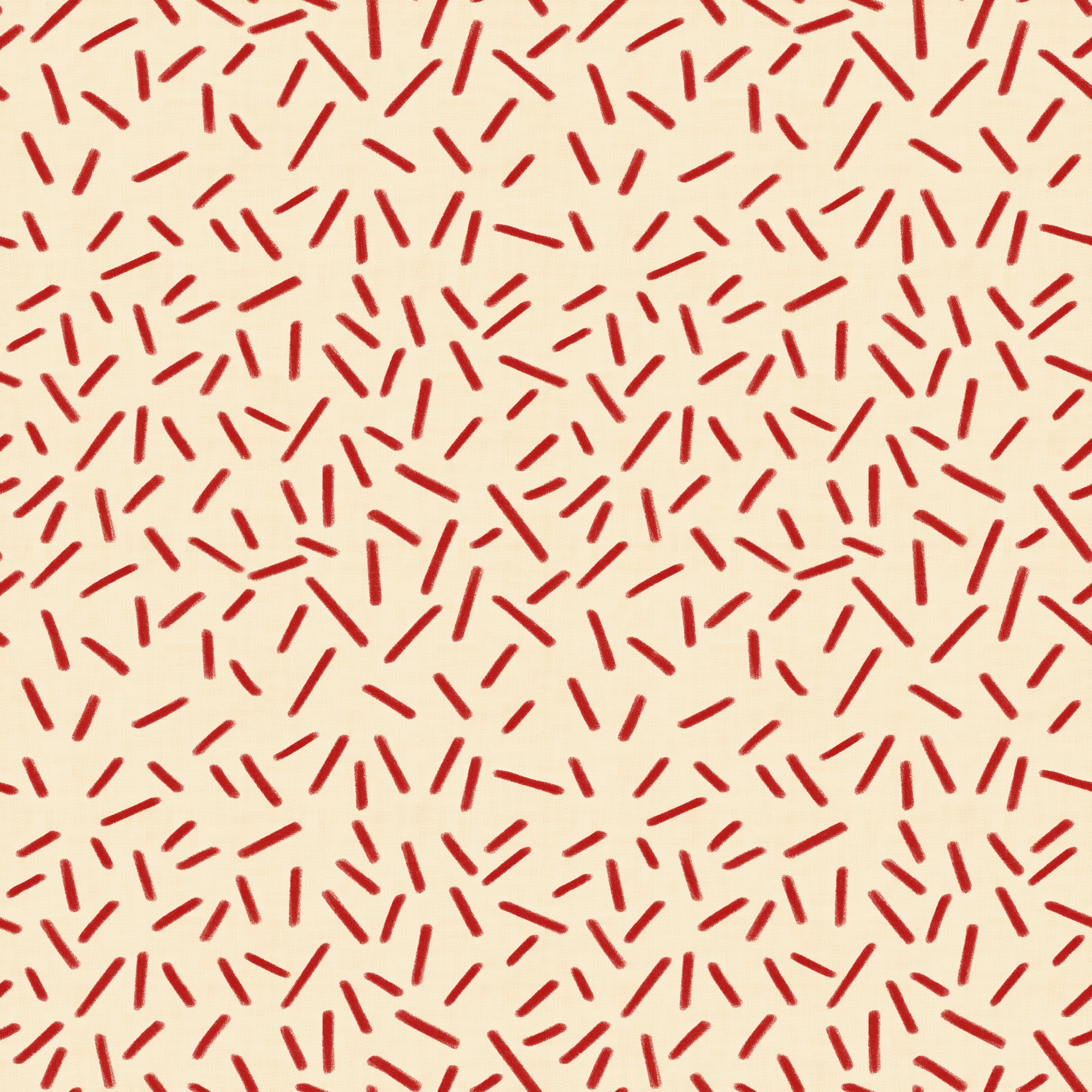 Short, painterly dashes in deep tomato red scattered loosely across a warm cream ground — this is a blender that breathes. Each mark carries the honest weight of a hand-drawn line, tumbling in every direction with the easy rhythm of something tipped 