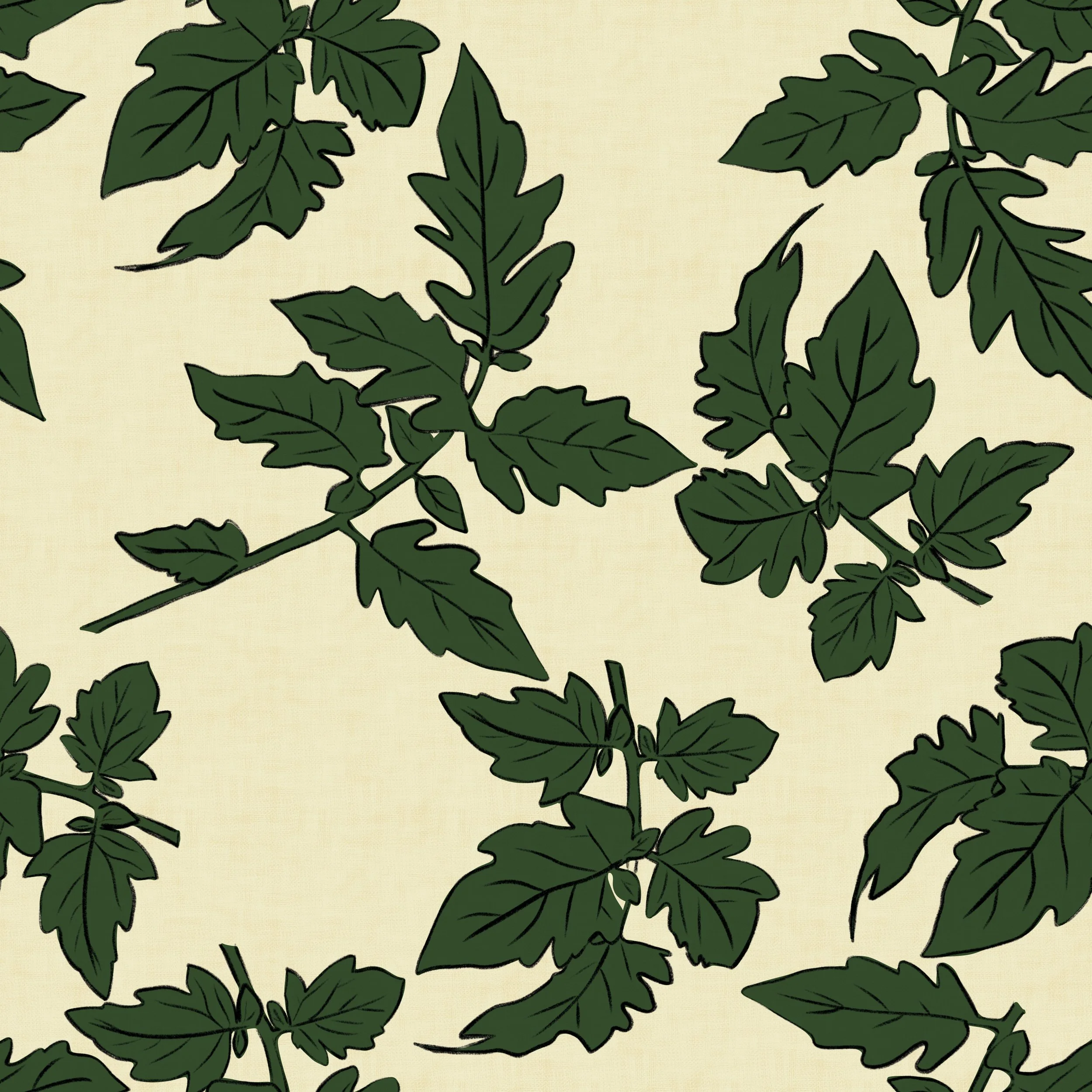 These are tomato leaves exactly as I know them — deeply lobed, richly veined, scattered across a warm linen ground like cuttings from the vine. The deep forest green is the green of a Tasmanian summer garden, that particular darkness you only notice 