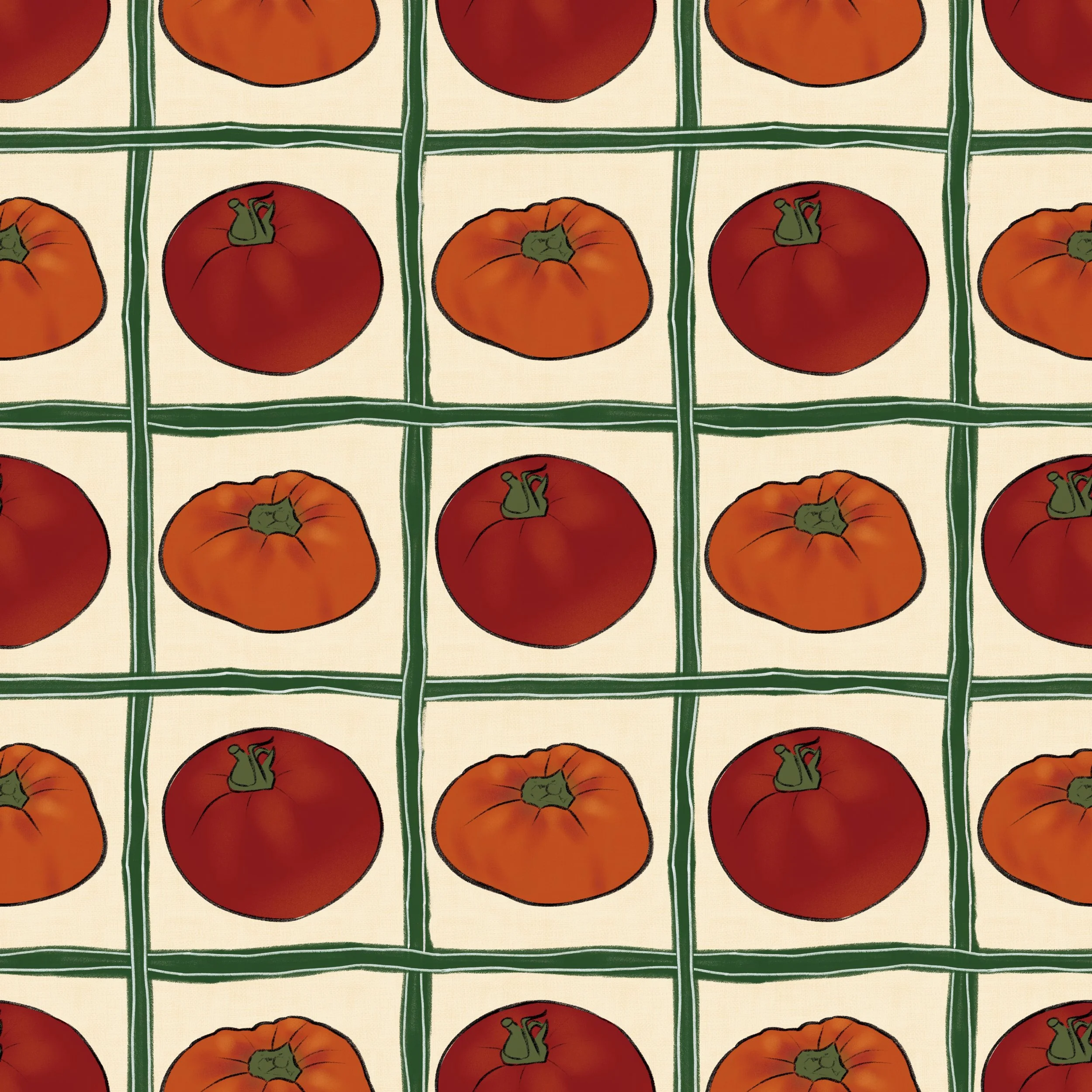 Big, proud heirloom tomatoes — some deep crimson, some the warm orange of a late-summer afternoon — sit one to a cell in a hand-drawn green grid, like a market crate just lifted from the garden. Each tomato is slightly different: a little flatter her