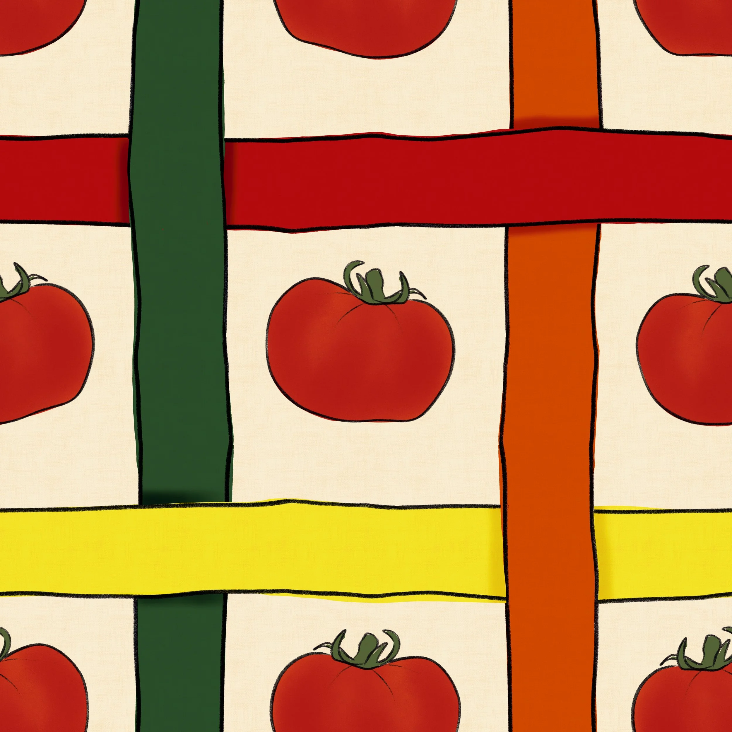 Fat, confident tomatoes sit in the open windows of a bold woven grid — stripes of deep forest green, burnt orange, brick red, and sunshine yellow crossing over a warm cream ground. It's the feeling of a summer garden held in a frame, generous and unh