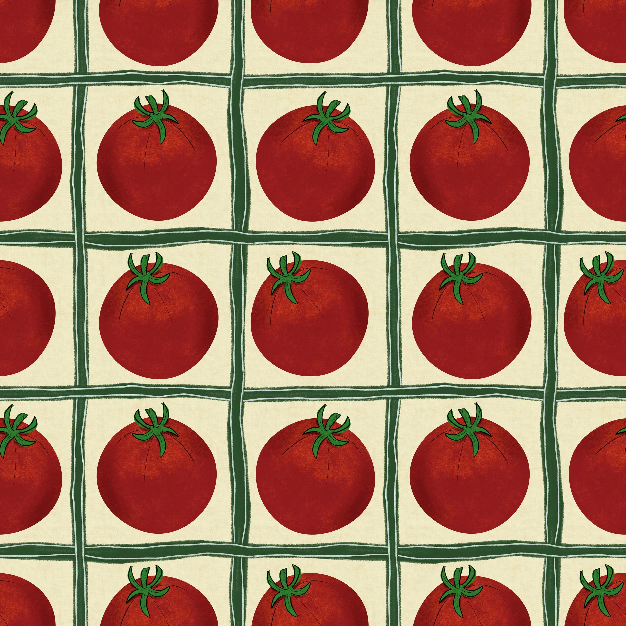 Fat, hand-painted tomatoes sit square in each cell of a bold green trellis grid — the kind of tomatoes you'd find weighing down a late-summer vine in a Tasmanian kitchen garden. The deep red is rich and almost velvety, grounded by a warm cream backgr