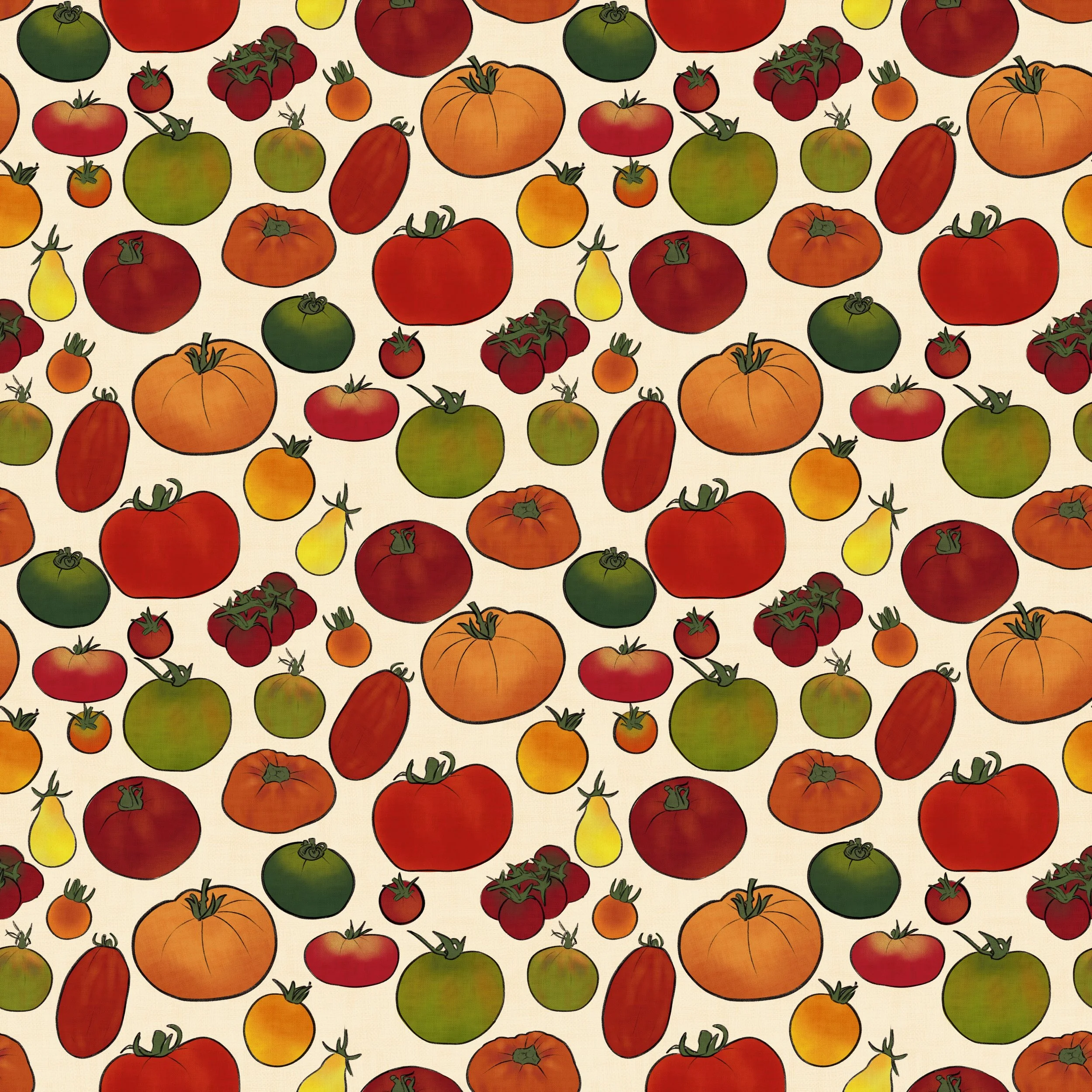 Every tomato from the late-summer garden seems to have found its way into this design — the fat beefsteaks, the little cherry clusters, the pale orange globes and dark green shouldered ones that never quite made it to fully red. It's the kind of abun