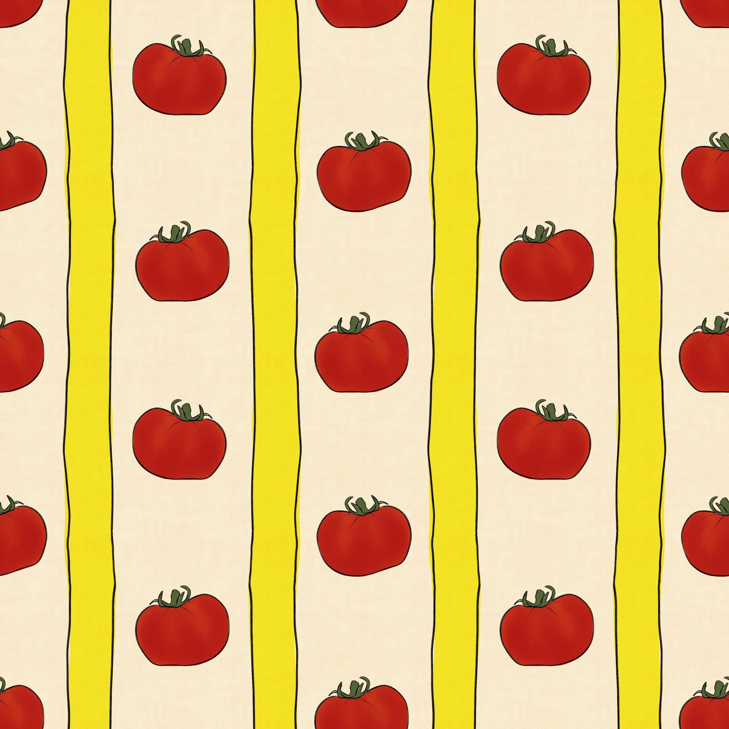 Bold hand-drawn yellow stripes run the length of the design, with plump, painterly tomatoes scattered freely between them on a warm cream ground. The tomatoes are fully ripe — deep red with dark green calyx, each one slightly different from the next,