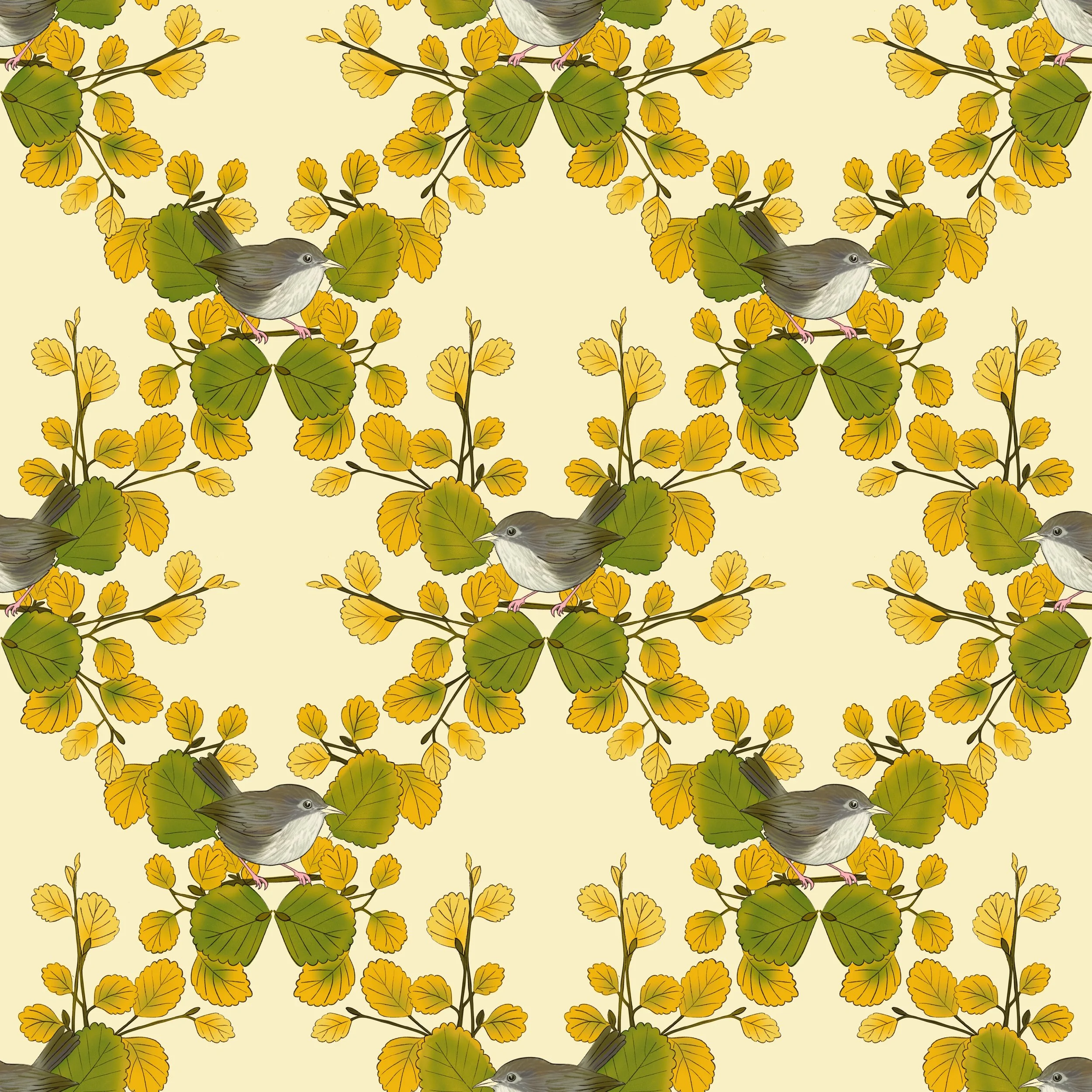 A small grey Tasmanian scrubwren perches quietly among branches of turning fagus, the round leaves shifting from deep summer green to the gold and amber of autumn. The repeat has a mirrored, almost medallion-like quality — branches curving inward to 