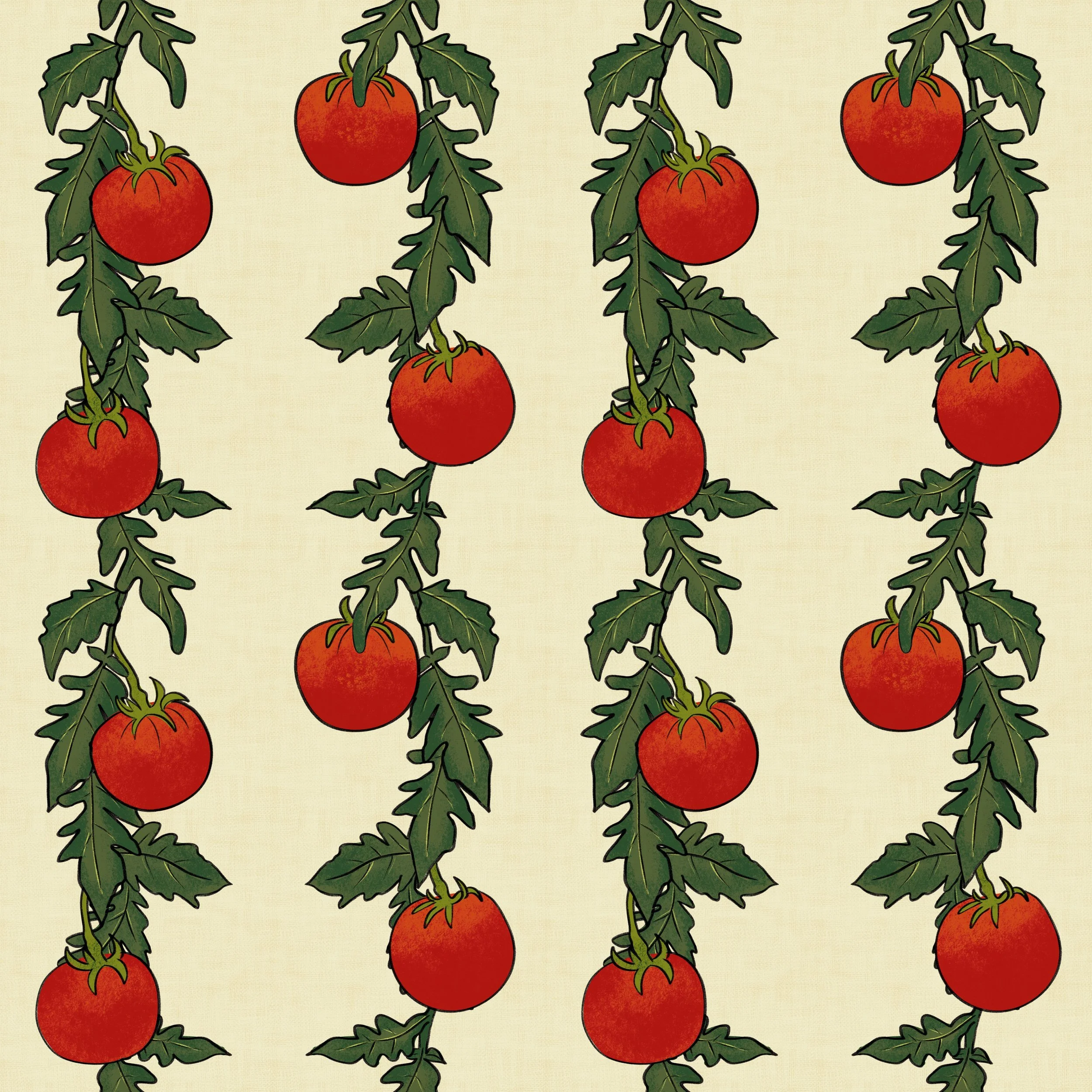 Vertical stripes of climbing tomato vines wind their way up a warm cream ground, each stem heavy with deeply red, painterly fruit and dark, jagged-edged leaves. The repeat has the look of a kitchen garden at full tilt — lush, a little unruly, exactly