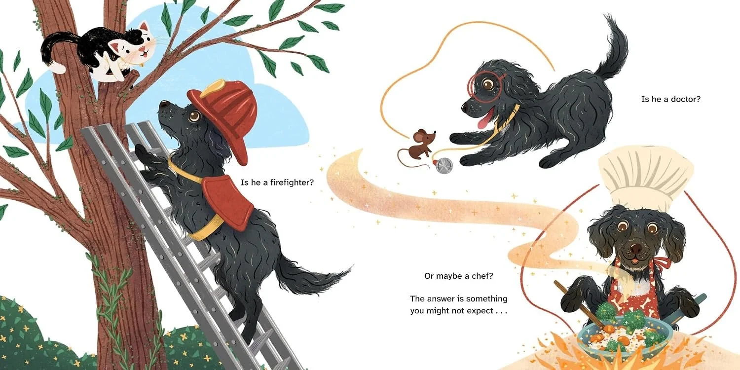 A Page from Eltie Takes The Lead. It says, "Is he a firefighter? Is he a doctor? Or Maybe a chef? The answer is something you might not expect."