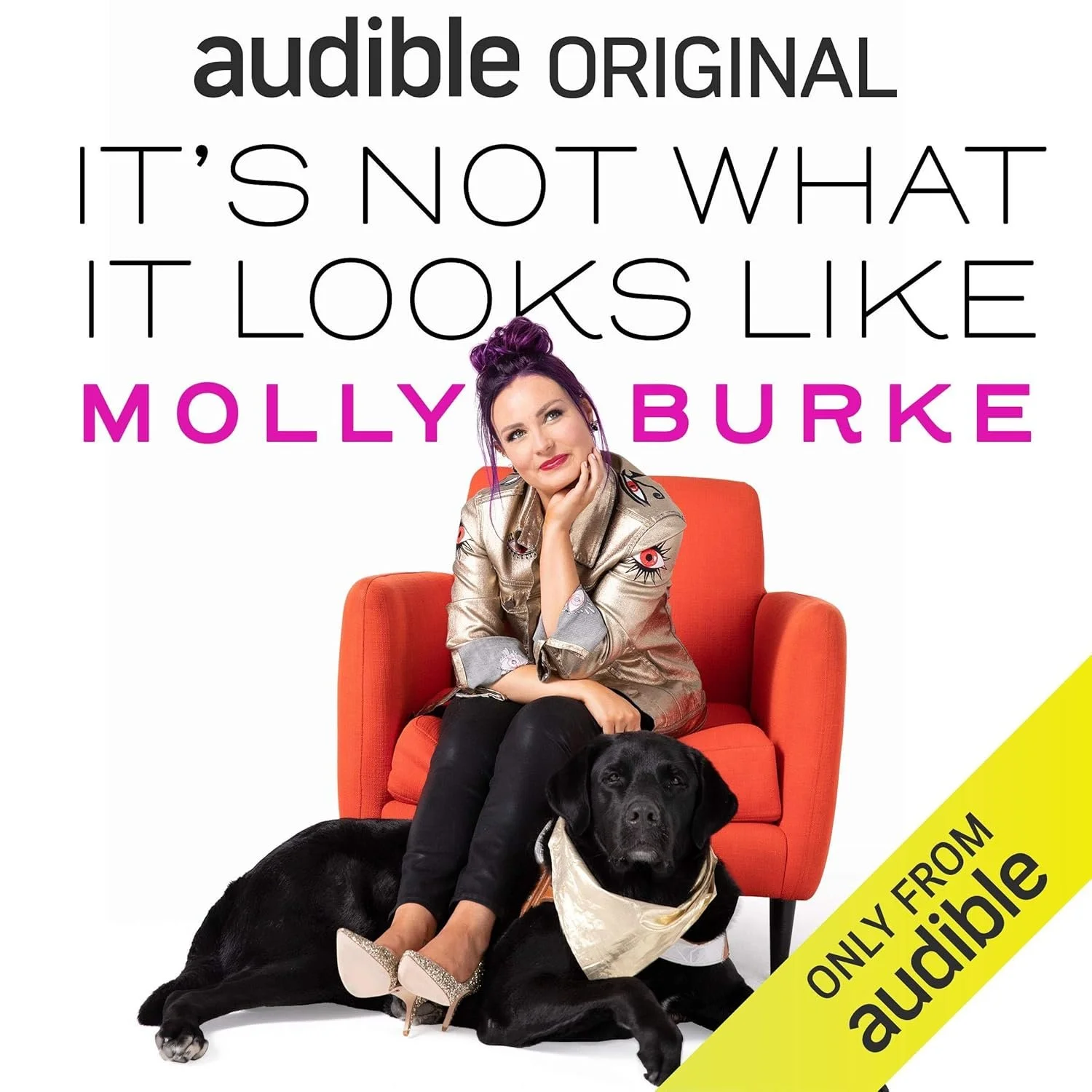 The cover for Molly's Audible Original It's Not What It Looks Like. Molly sits on an orange chair against a white background with her guide dog at her feet. Her purple hair is tied up in a bun.