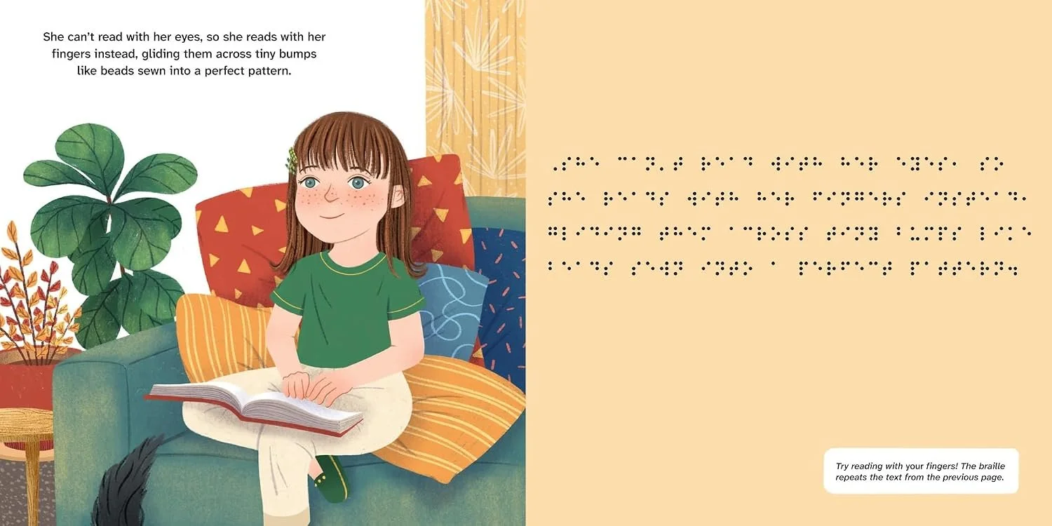 A page from Eltie Takes The Lead. It says, "She can't read with her eyes, so she reads with her fingers instead, gliding them across tiny bumps like beads sewn into a perfect pattern."