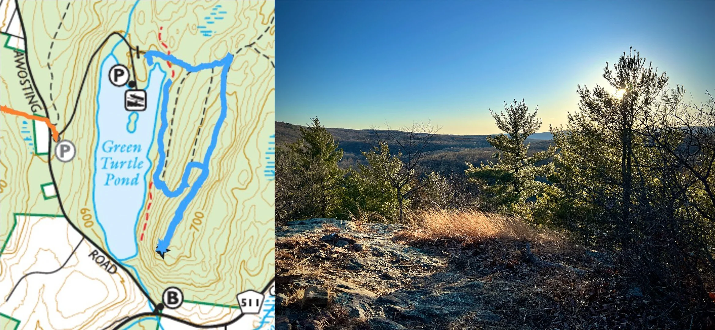 Green Pond - (1.6 miles) Relatively easy hike with nice view and walk past lake. Park down the access road off Awosting Rd. 