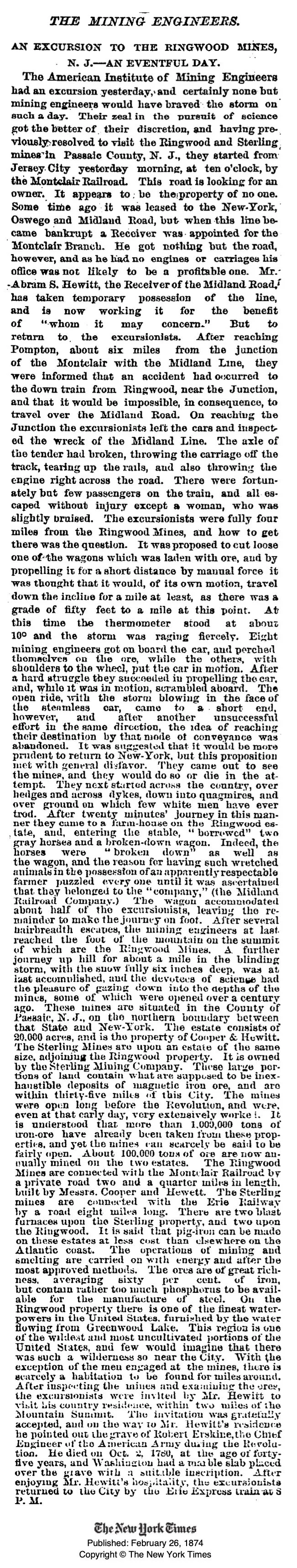 1874 THE MINING ENGINEERS.; AN EXCURSION TO THE RINGWOOD MINES