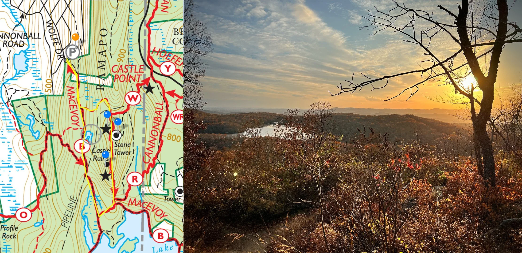 Castle Ruins - (1.5 miles) Fun easy hike with a  stone tower, abandoned castle and great view! Park at the top of Skyline Drive or at the end of Wolfe Drive in Wanaque. 300 ft elevation