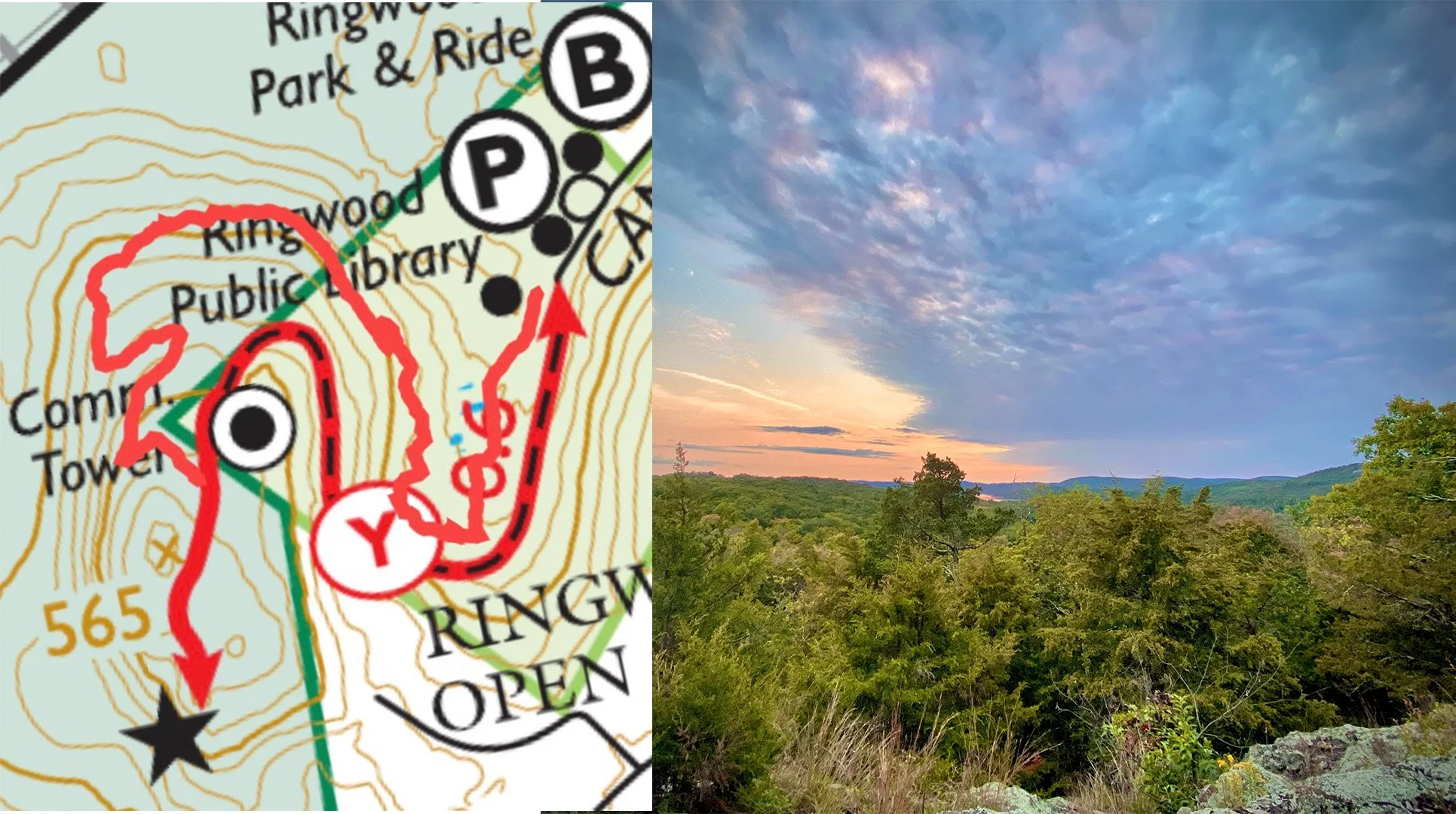 Library Trail (1.25 miles) Big thanks to Thomas Conway for this new trail. Park at the Ringwood Library and take the road path to the left of the playground. Once past the cell tower, look for the new trail extension on the right which makes it a fun