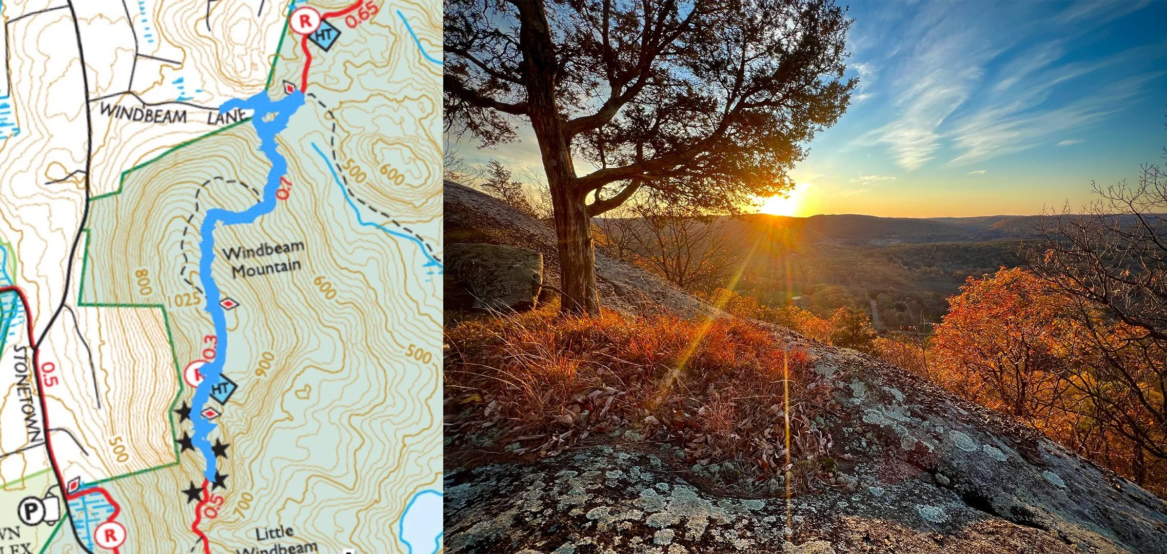 Windbeam North - (2 miles) Here's a different way to get to the top of Windbeam Mountain. Park at the end of Windbeam Lane and take dirt road to trail (around fence) - 600 ft elevation