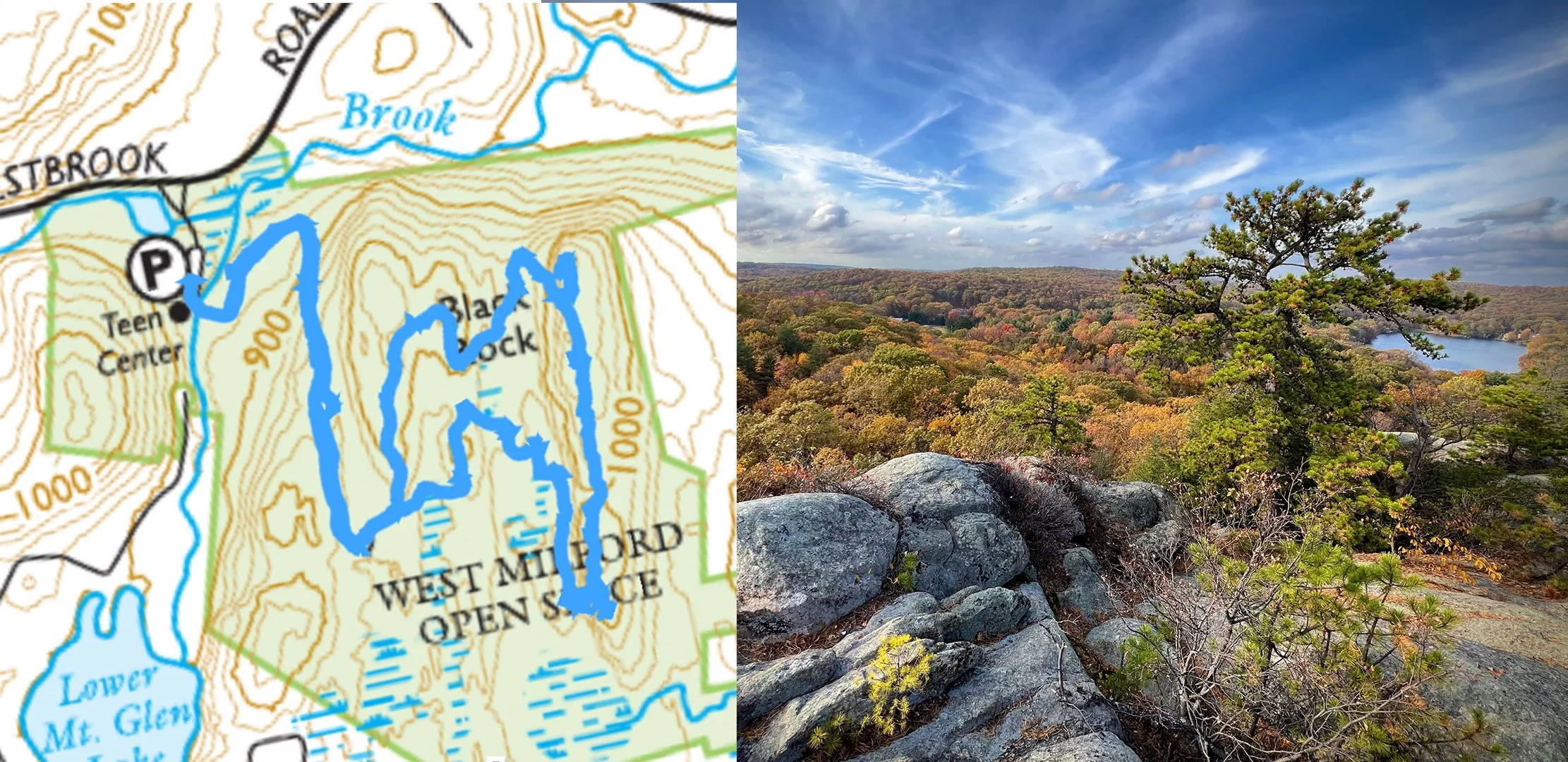 Black Rock (2-3 miles) - Really nice view from this West Milford hike, but the trail hasn't been blazed yet. The peak is where it says "Black Rock" and you can make a longer circuit but there's no other view or just come back the way you went. Park a