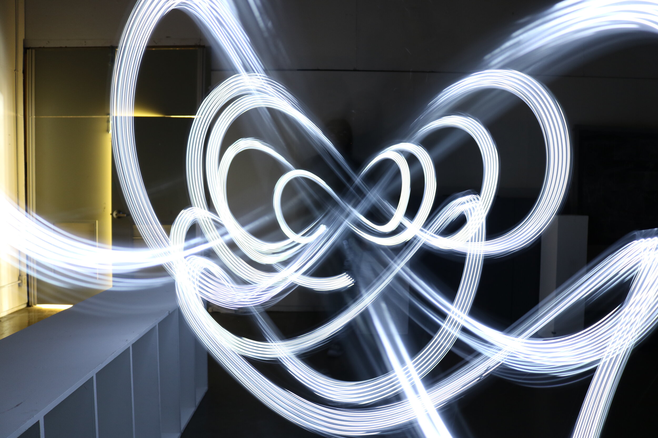 Infinite Light Drawing: 3’ x 6’; Phone light and camera; September 10, 2018;
This image was created using a light drawing technique, where you draw with light in front of a camera with an open exposure.