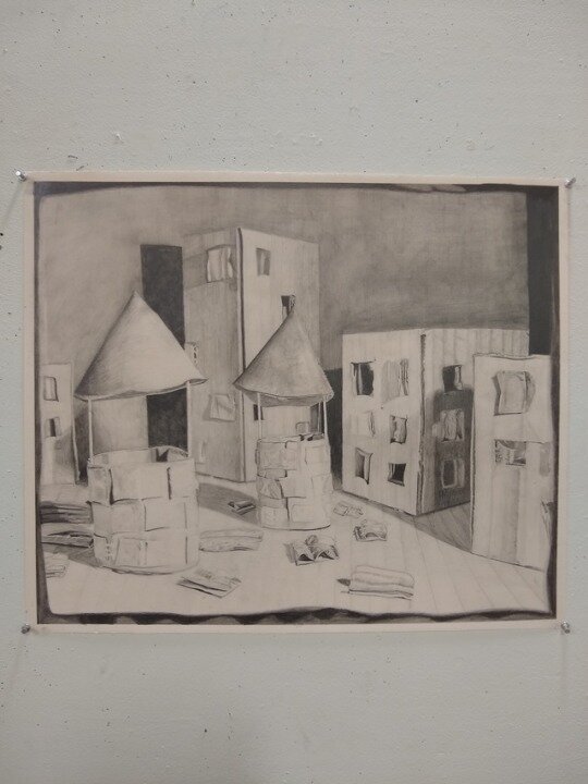 Isaura Still Life: 18” x 24”; Graphite, cardboard; September 30- October 17, 2018;
For this project I made a cardboard model of one of the cities from Italo Calvino’s Invisible Cities, Isaura, "the city of a thousand wells". From the physical model,