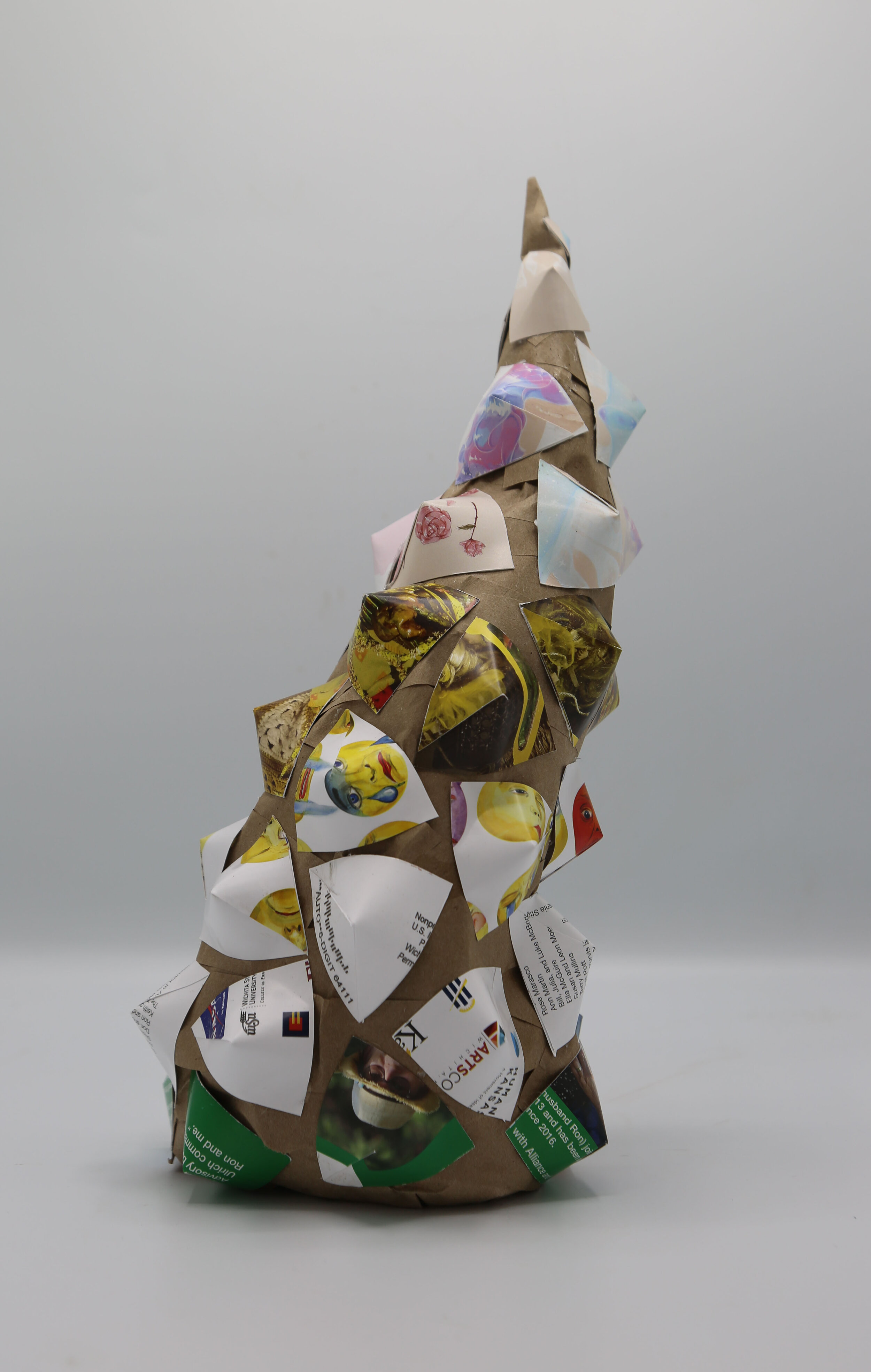 2 of 3 Paper Sculptures- Thorn: 4” x 4” x 12”; Brown paper, colorful scraps from graphic design; August 2019;
For this project we were to make 3 sculptures out of paper, this is the second of three. This piece takes inspiration from rose thorns and t