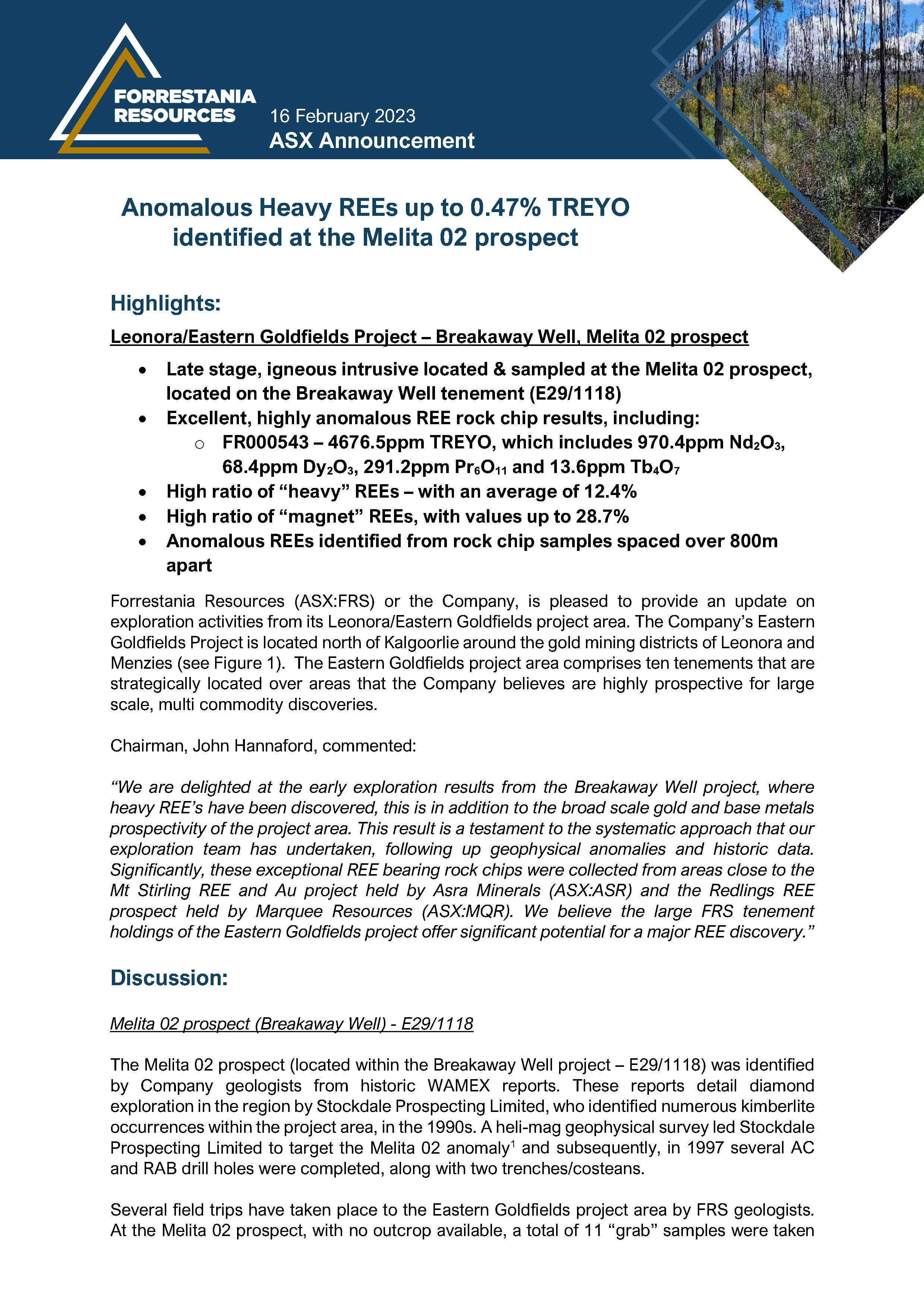 Anomalous Heavy REEs up to 0.47% TREYO identified at the Melita 02 prospect