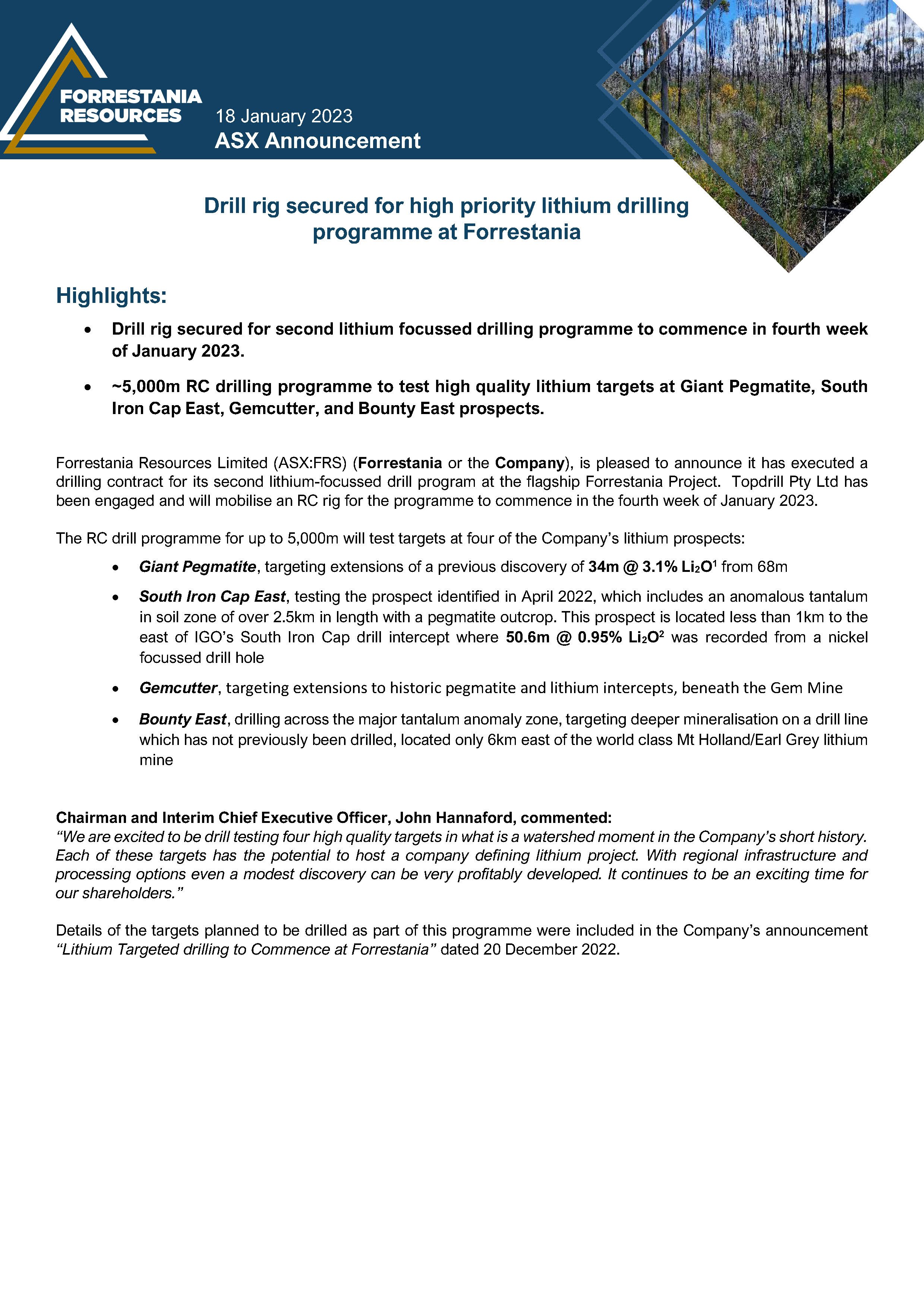 Drill rig secured for high priority lithium drilling programme at Forrestania