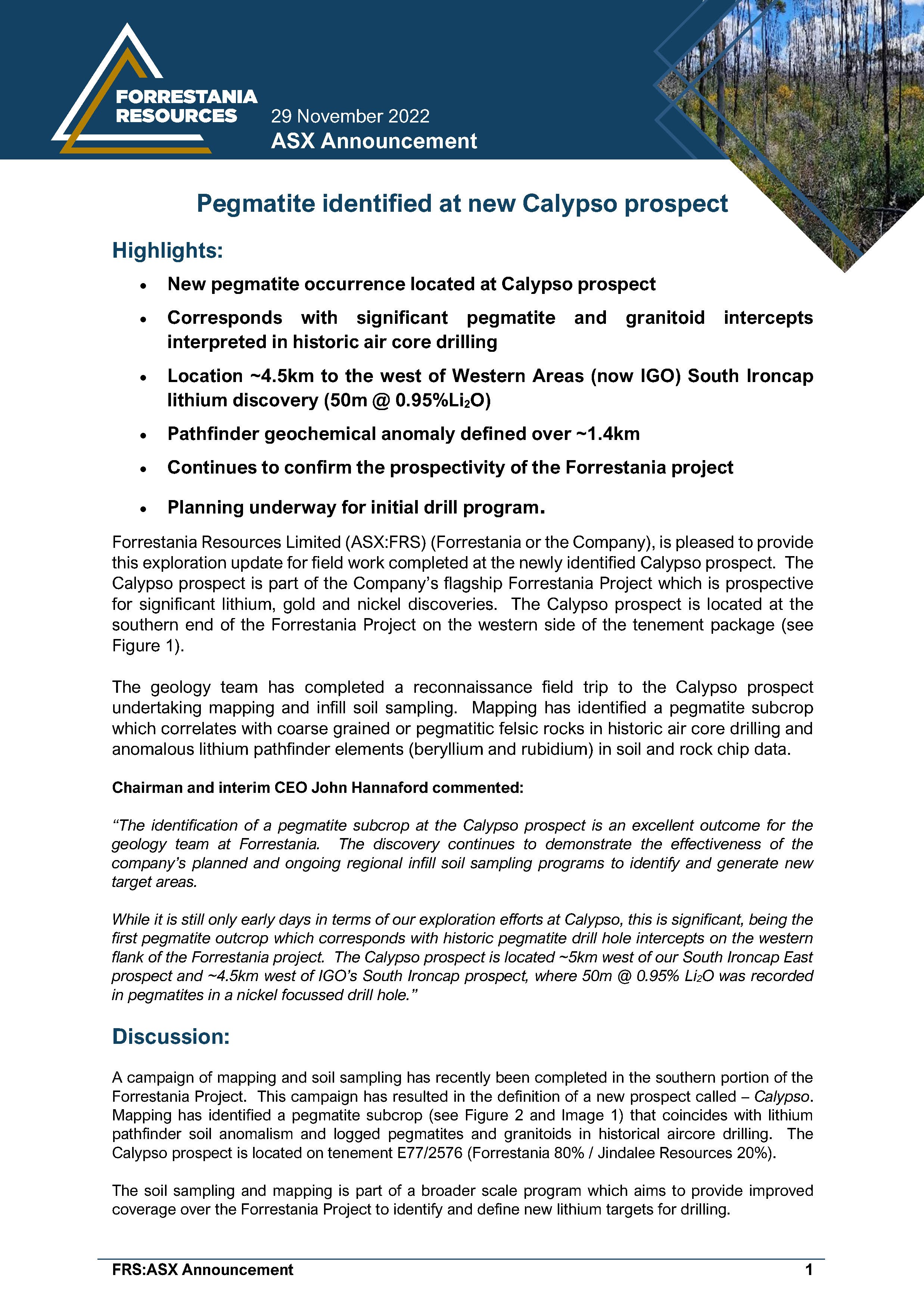 Pegmatite identified at new Calypso prospect