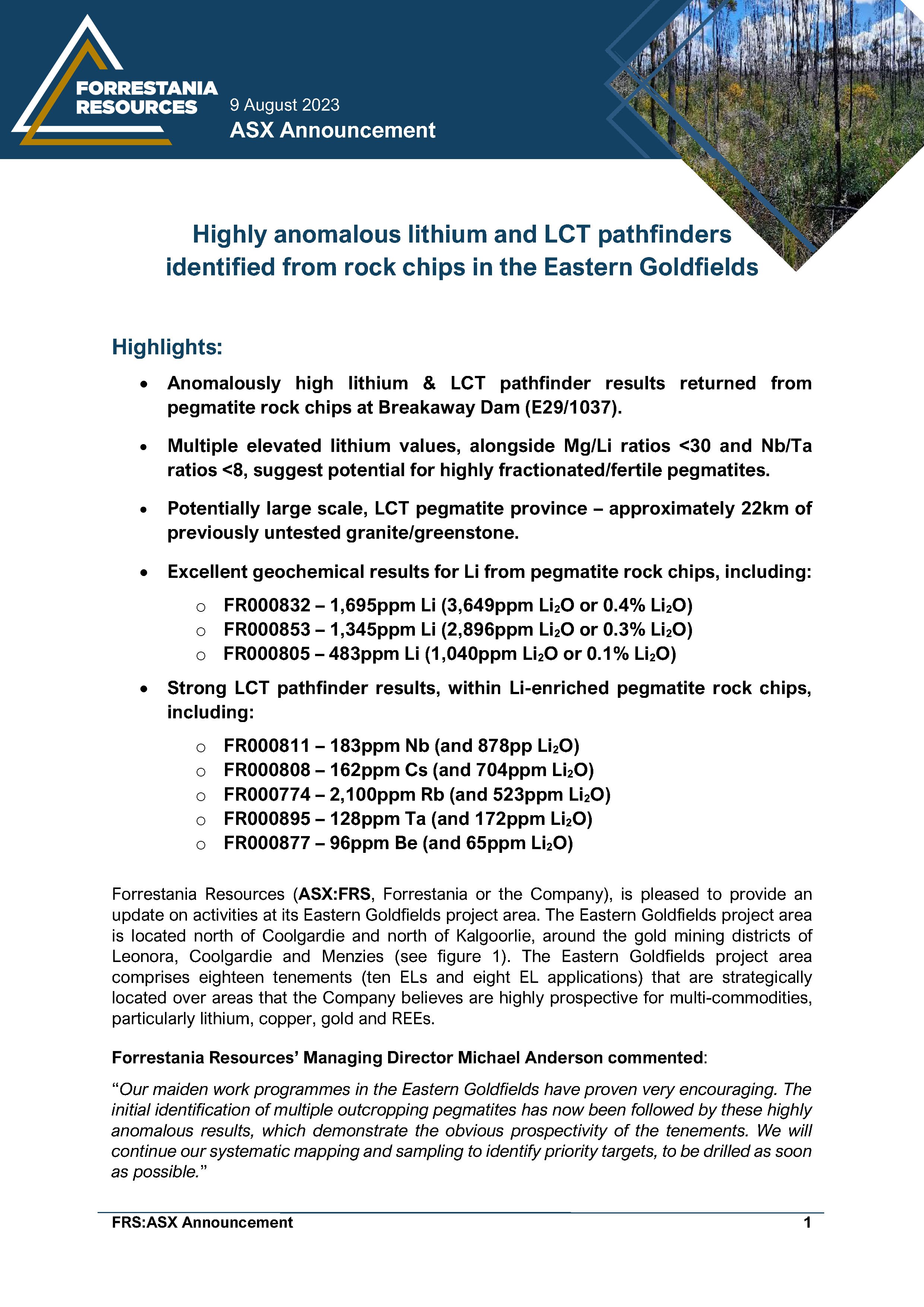Highly anomalous lithium and LCT pathfinders identified from rock chips in the Eastern Goldfields