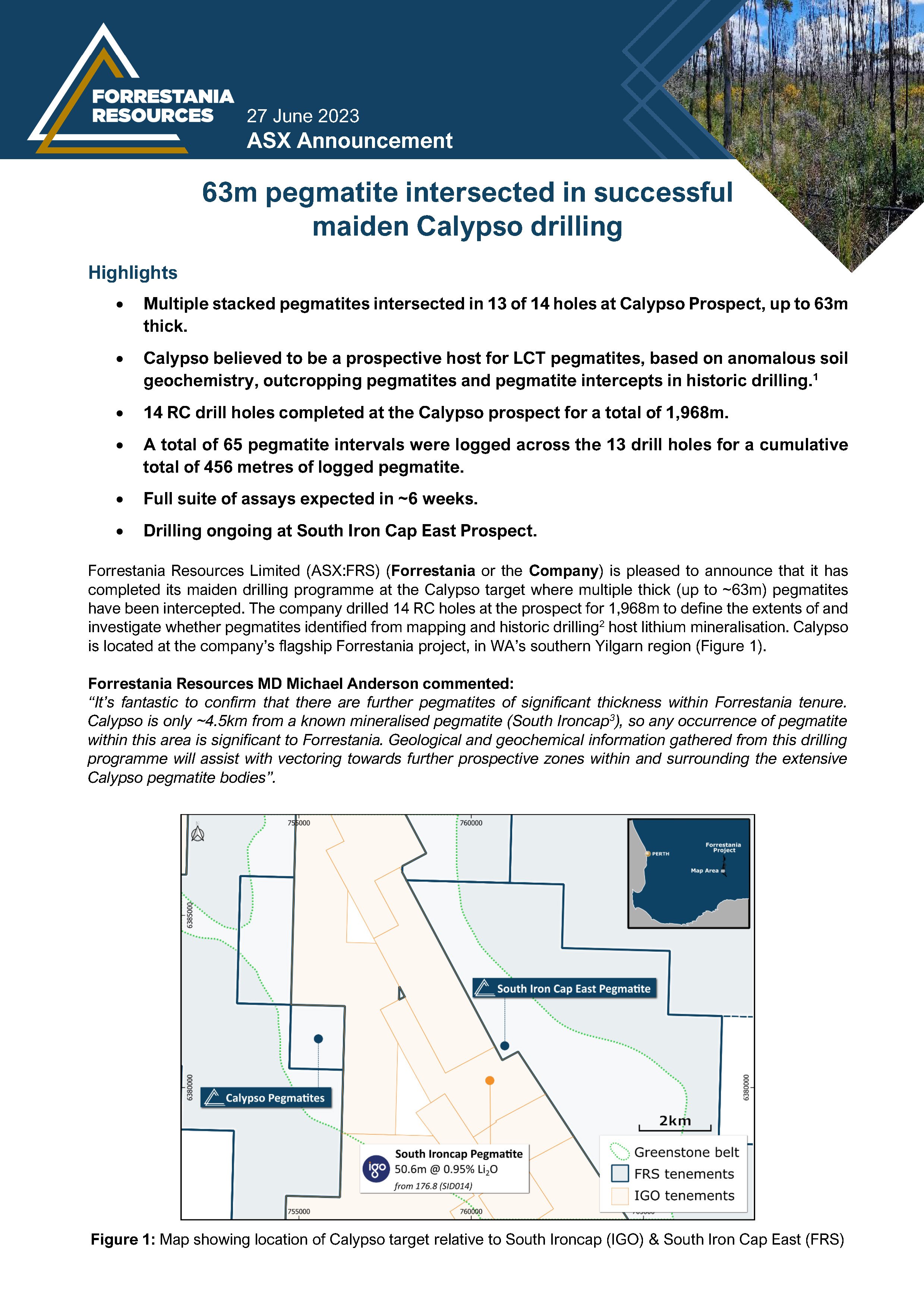 63m pegmatite intersected in successful maiden Calypso drilling