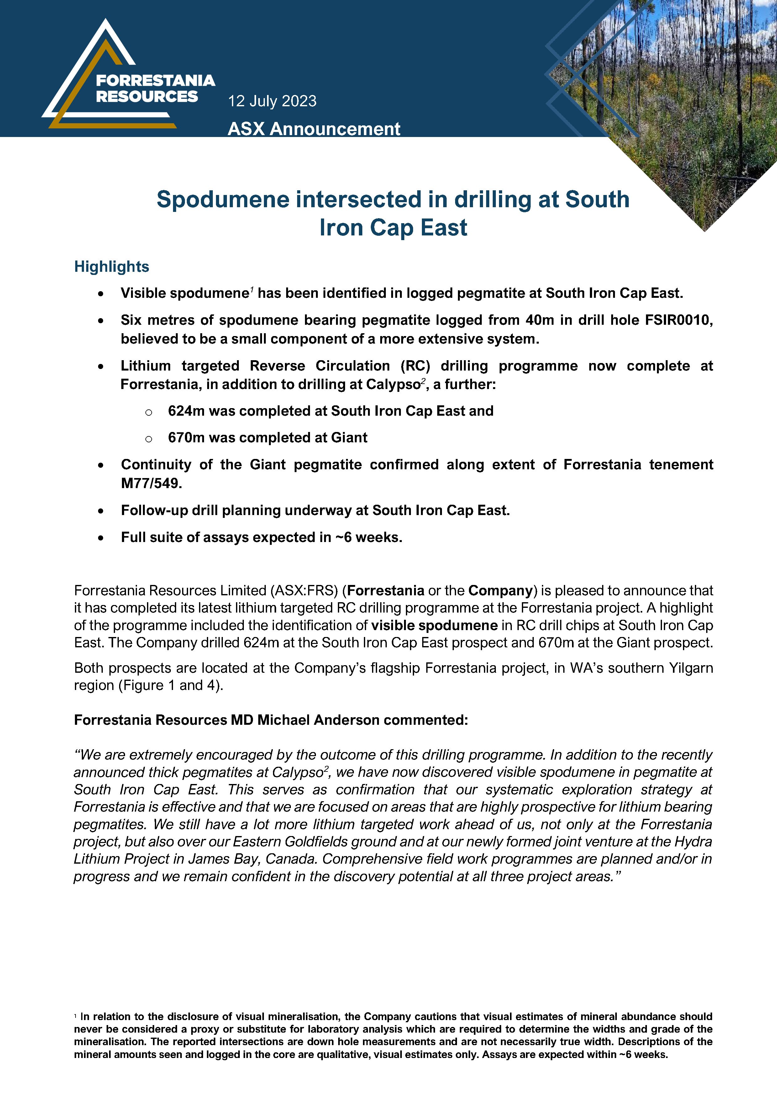 Spodumene intersected in drilling at South Iron Cap East