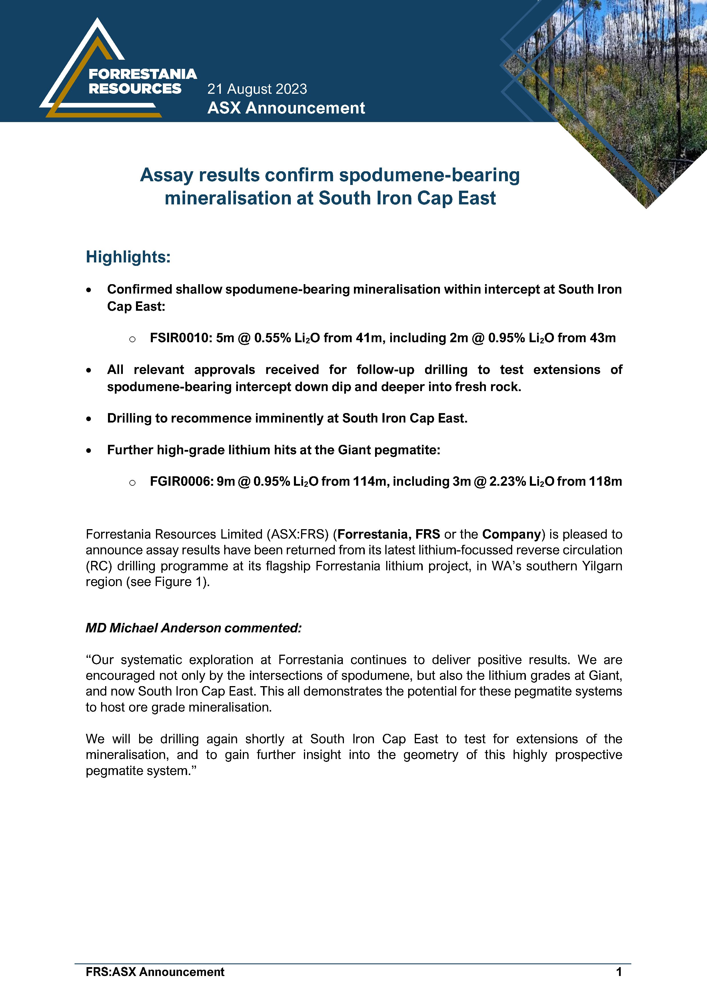 Assay results confirm spodumene-bearing mineralisation at South Iron Cap East