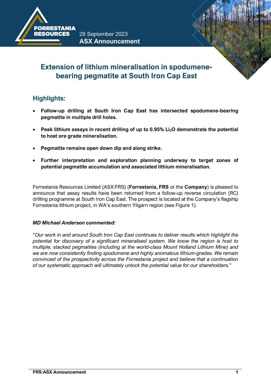 Extension of lithium mineralisation in spodumene-bearing pegmatite at South Iron Cap East