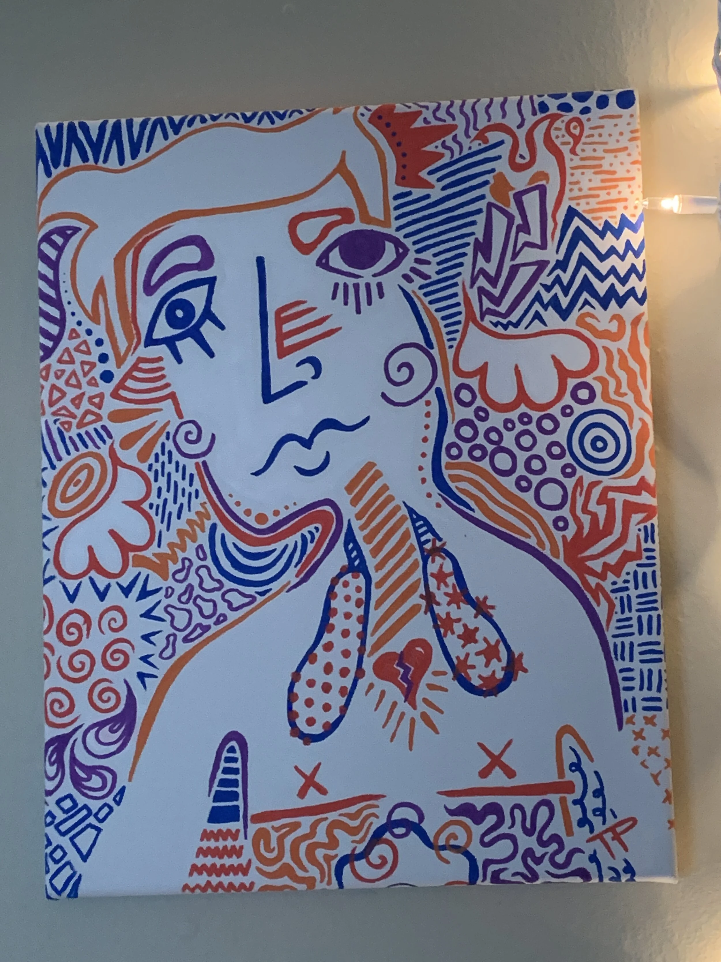 "Finding Faith in the Appendix of Timothy Leary's Auto-Biopsy", 11"x14". Acrylic paint and acrylic paint marker.