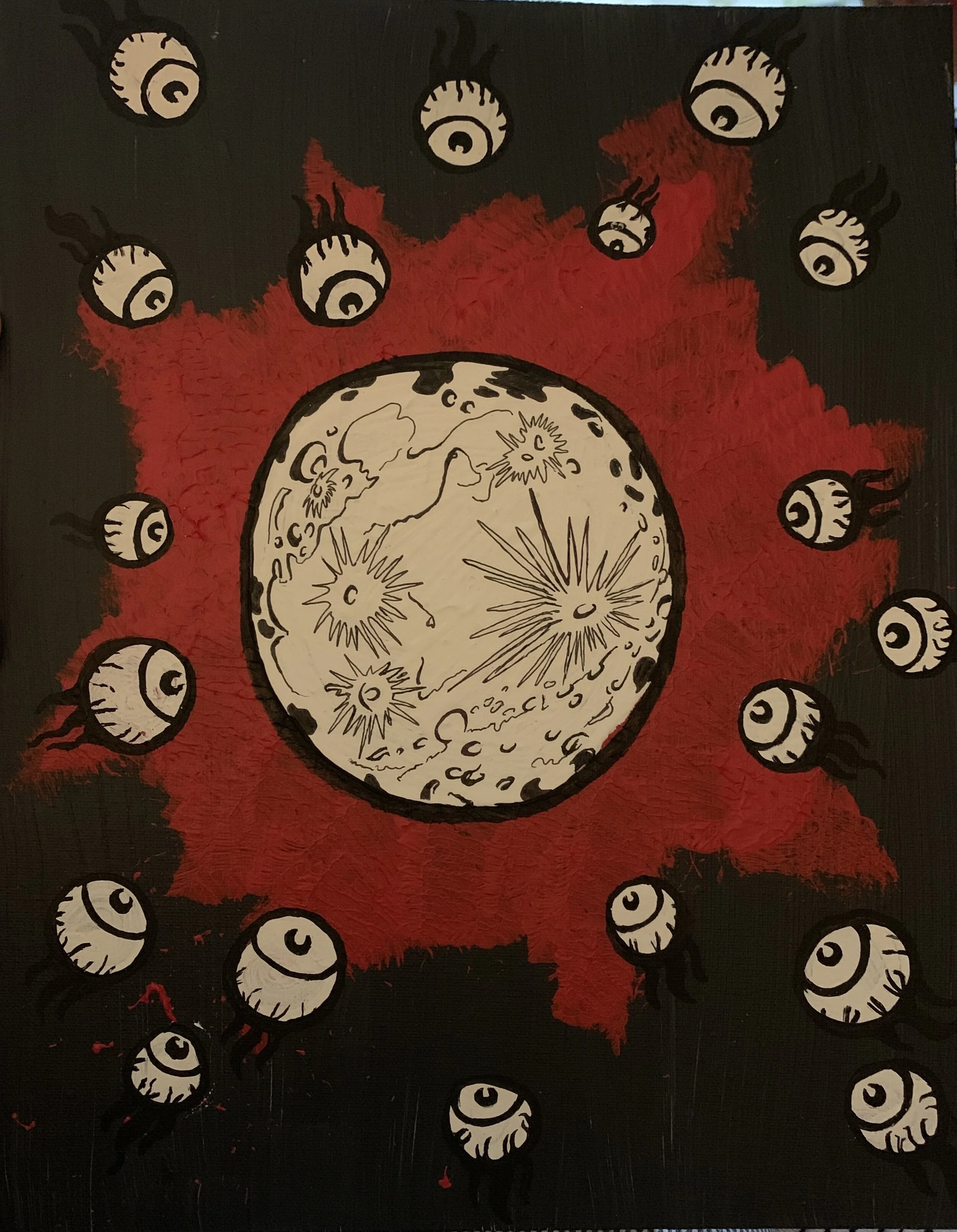 "Red Tide; or, How I Learned to Start Worrying and Love the Qualm", 11"x14". Acrylic paint and ink pen.