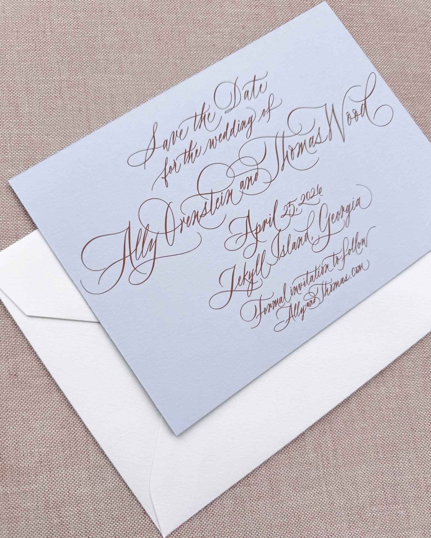 Warm brown engraving, cool blue paper, and silver edges for A&amp;T 🩵🤎🩶

#engraving #invitations #savethedate #savethedates #weddinginspo #weddinginspiration #weddinginvitations