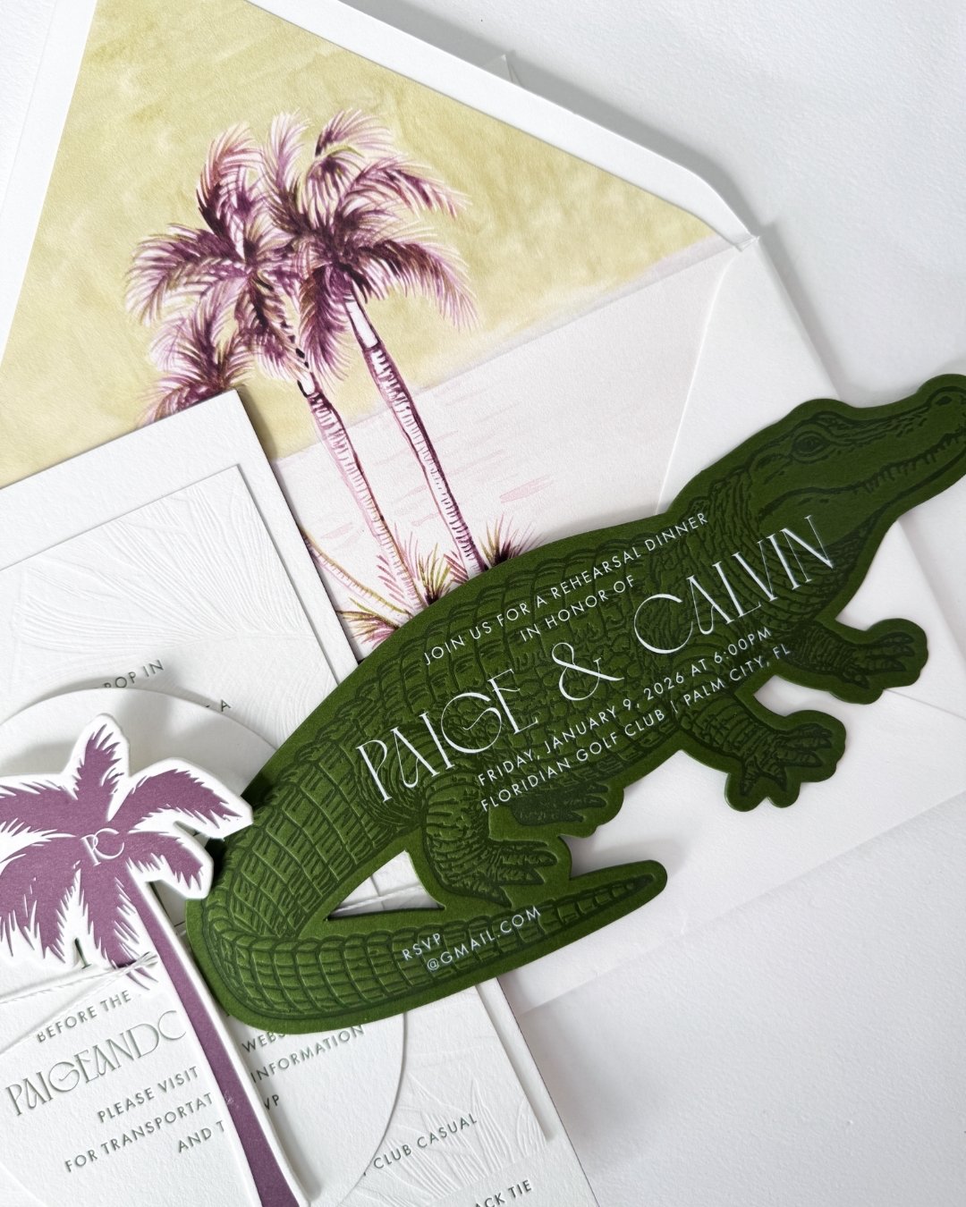 Die cut palms and gators 😍 

#letterpress #invitations #letterpressinvitations #weddinginvitations #weddings #customweddings #floridaweddings #alligatordiecut #palmtreediecut #palms #gators #graphicdesign #envelopeliner #envelopeart #chartreuseinvit