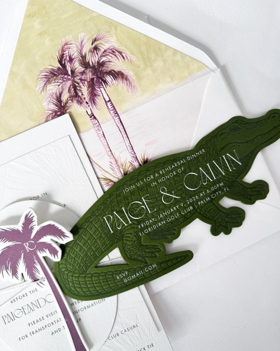 Die cut palms and gators 😍 

#letterpress #invitations #letterpressinvitations #weddinginvitations #weddings #customweddings #floridaweddings #alligatordiecut #palmtreediecut #palms #gators #graphicdesign #envelopeliner #envelopeart #chartreuseinvit