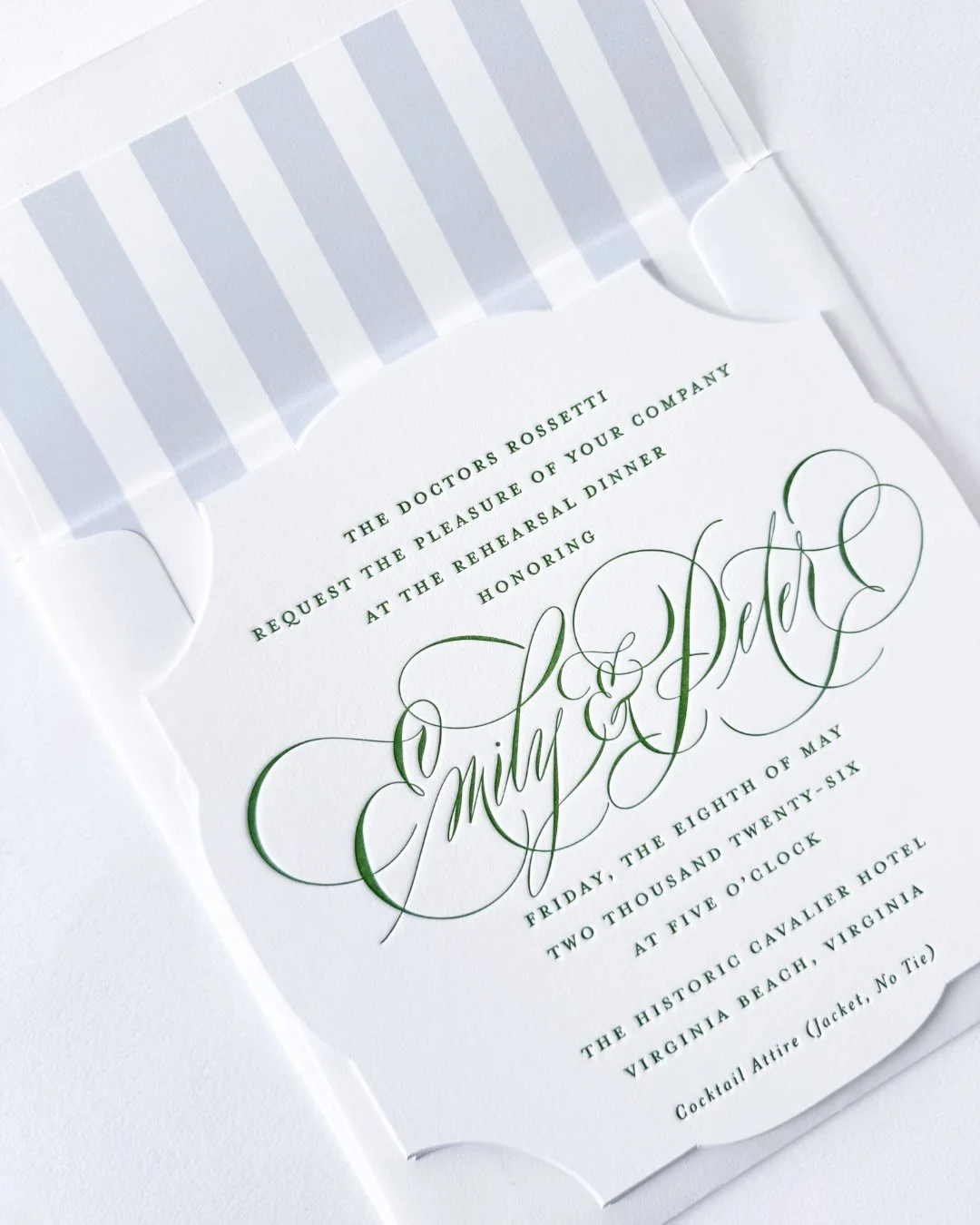 Rehearsal dinner. Virginia. Spring. Fancy bevels. Letterpress. Stripes!
@rachelfishercalligraphy 💚🩵

#weddinginvitations #letterpressinvitations #weddingstationery #letterpress #virginiaweddings

@thehappyhourhostess