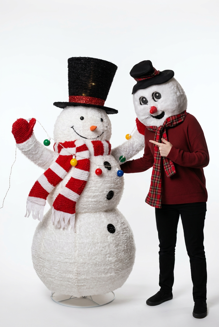 Person dressed in a snowman costume with a snowman figure, both wearing festive accessories and posing together against a plain background.