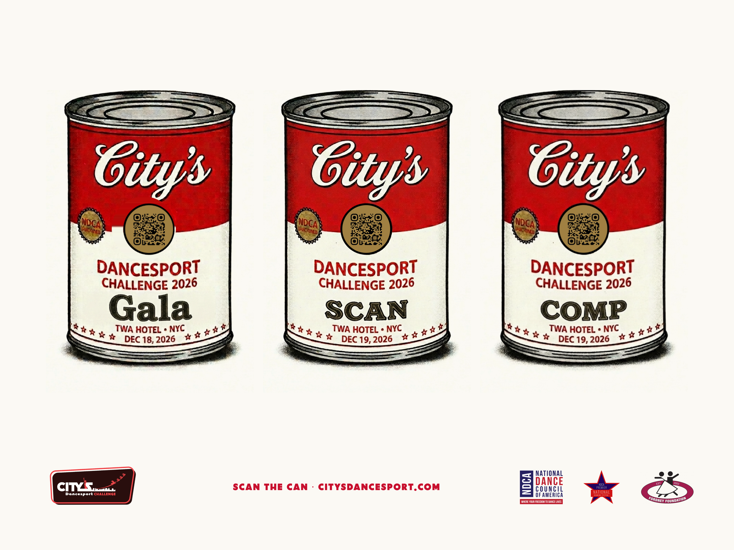 Three cans with red labels reading 'City's' and 'Dancesport Challenge 2026', with dates December 18-19, 2026, at TWA Hotel NYC. QR codes and logos at the bottom of the image.