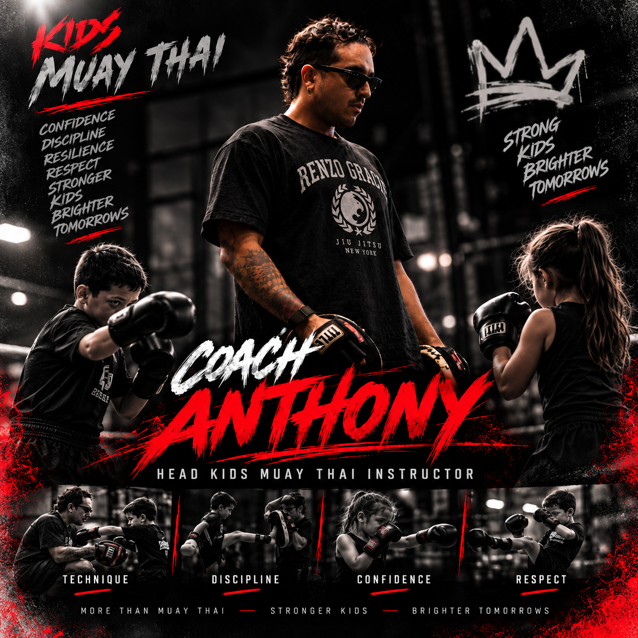 Coach Anthony coaches children practicing Muay Thai punches and kicks. The black-and-red graphic reads “Kids Muay Thai” and “Coach Anthony, Head Kids Muay Thai Instructor.”