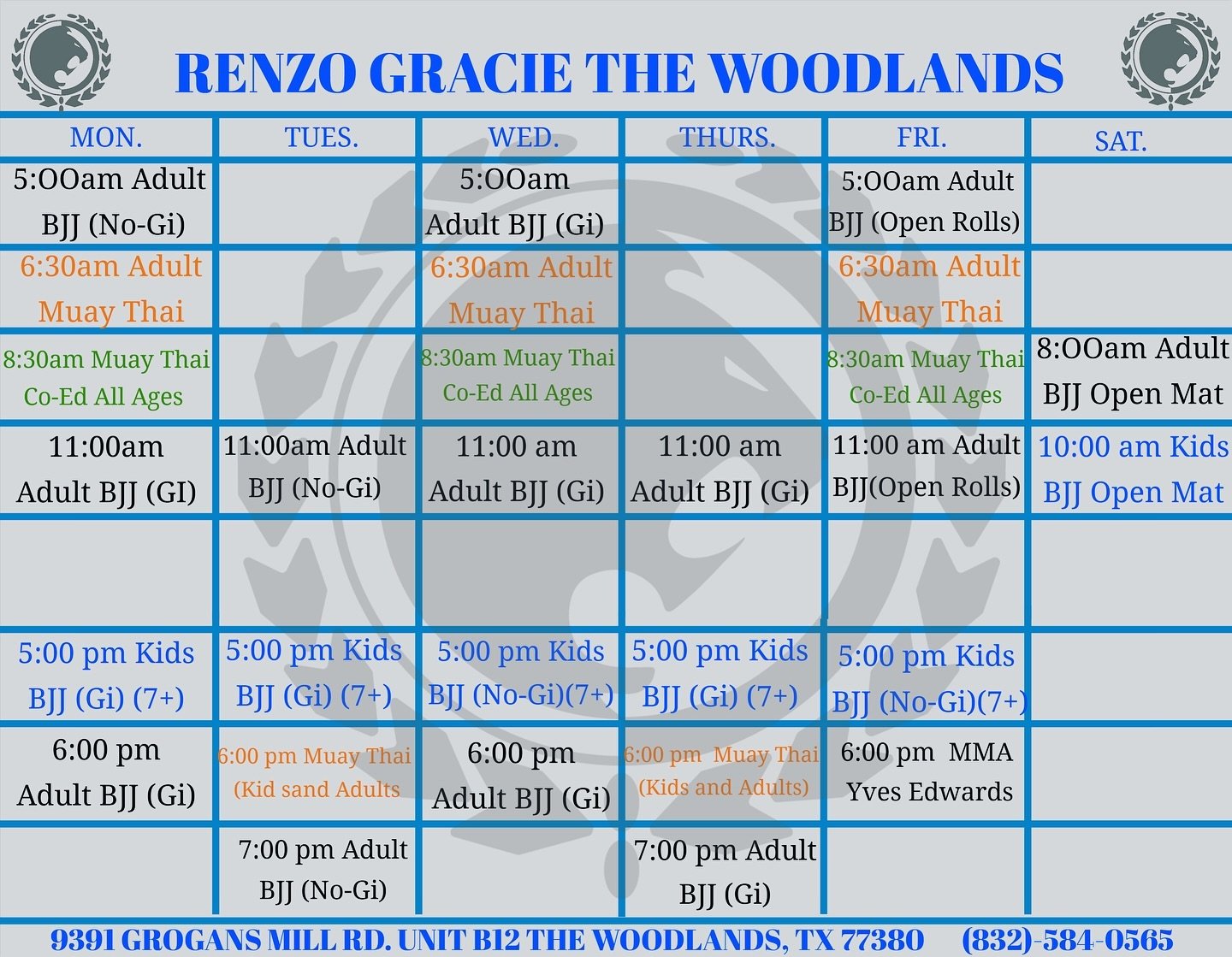 🥋🌟 New Schedule Alert at Renzo Gracie The Woodlands! 

Whether you&rsquo;re a beginner or a seasoned fighter, we have classes for everyone:
Muay Thai for All Ages: 
  Mondays, Wednesdays &amp; Fridays at 8:30 AM
  Tuesdays &amp; Thursdays at 6 PM

