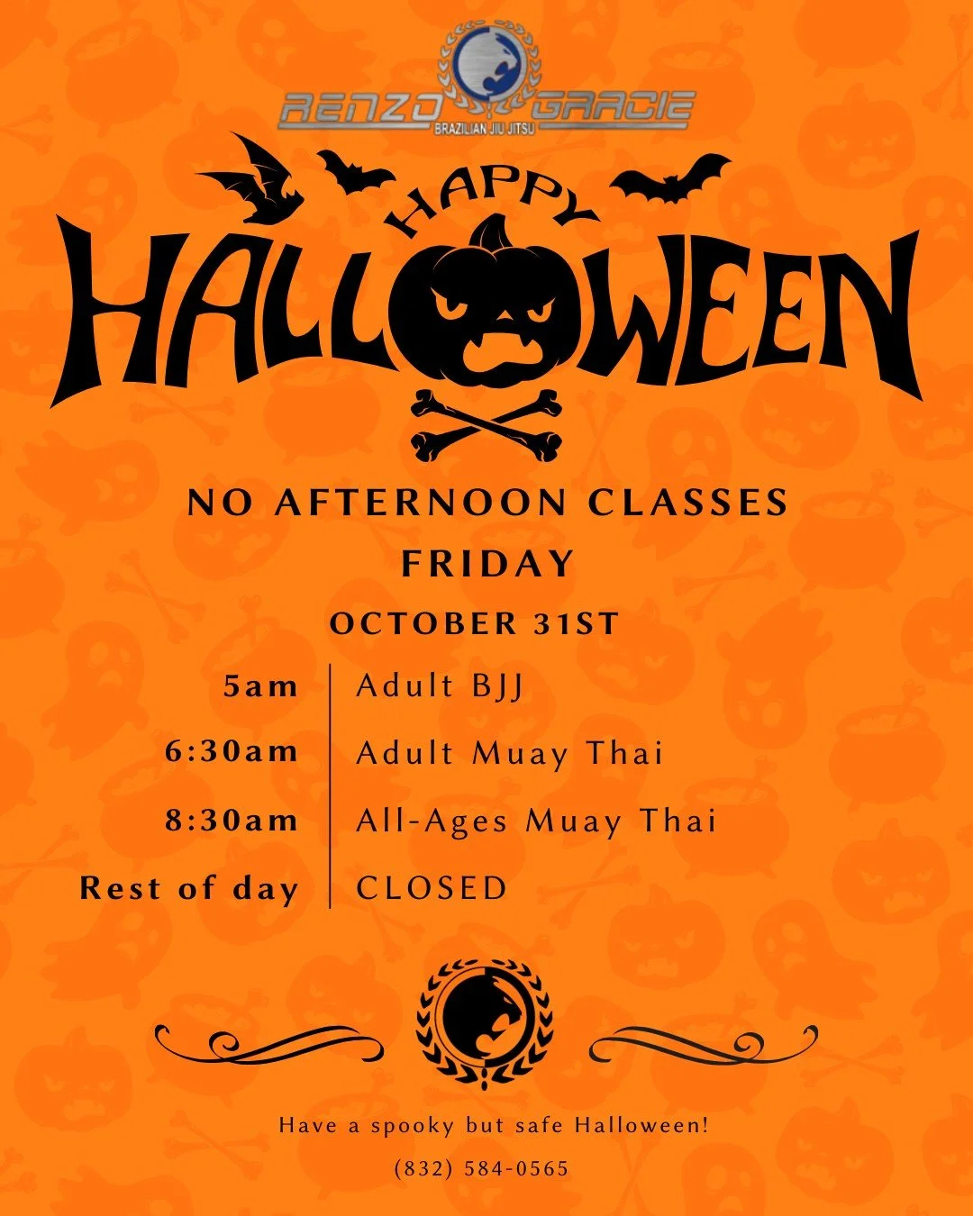 🧡 Halloween Class Update! 🧡
We&rsquo;ll be open bright and early for training, then shutting down for the spooky festivities 👻
Get your rolls and rounds in before the candy hits 🍬🥋