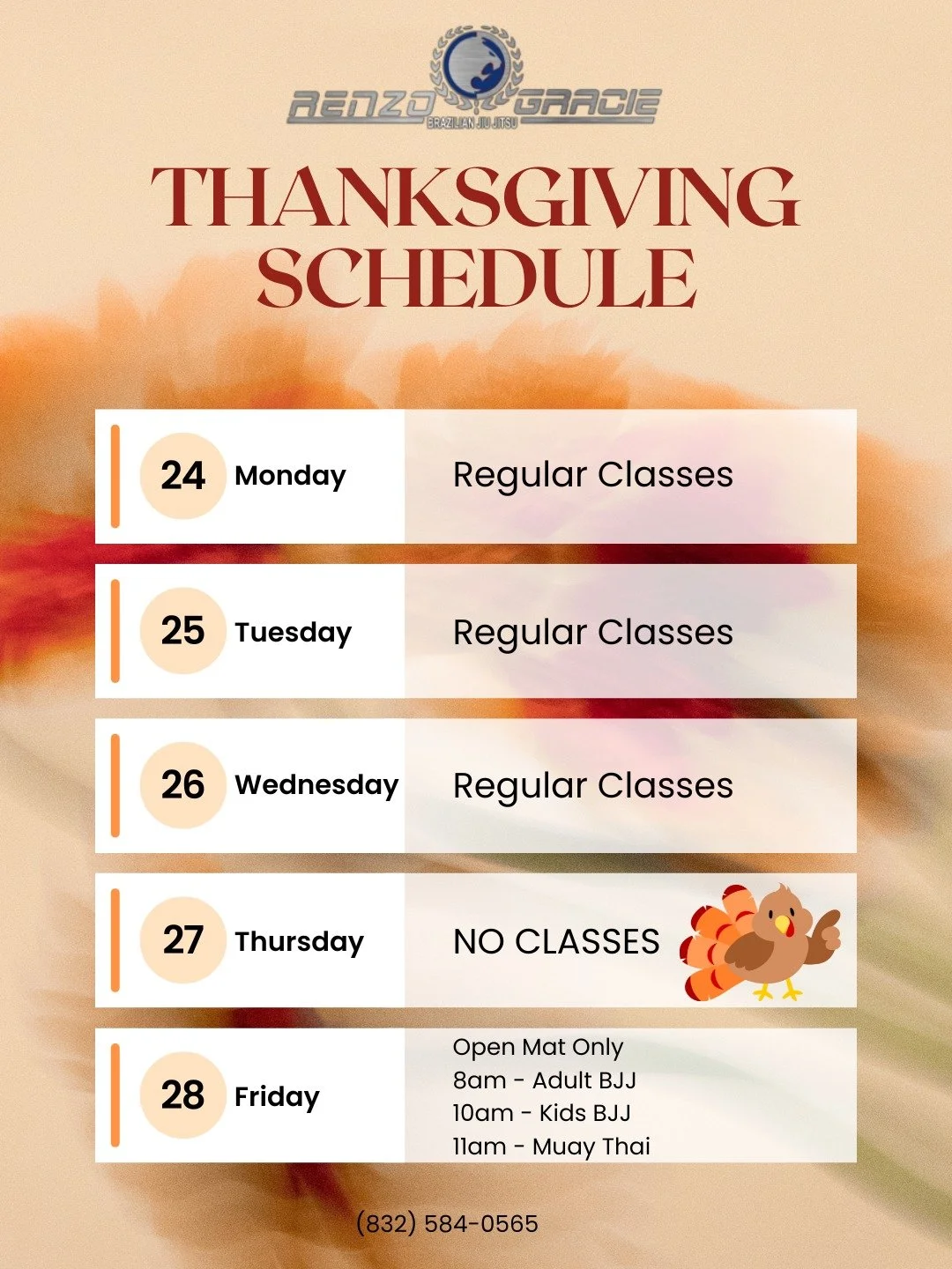 🦃 Thanksgiving Schedule is live!
Here&rsquo;s what next week looks like at Renzo Gracie The Woodlands.
Regular classes Mon&ndash;Wed, closed Thursday, and a special Open Mat lineup on Friday! 👊
See you on the mats! 💙🤍
#RGTW #RenzoGracieTheWoodlan