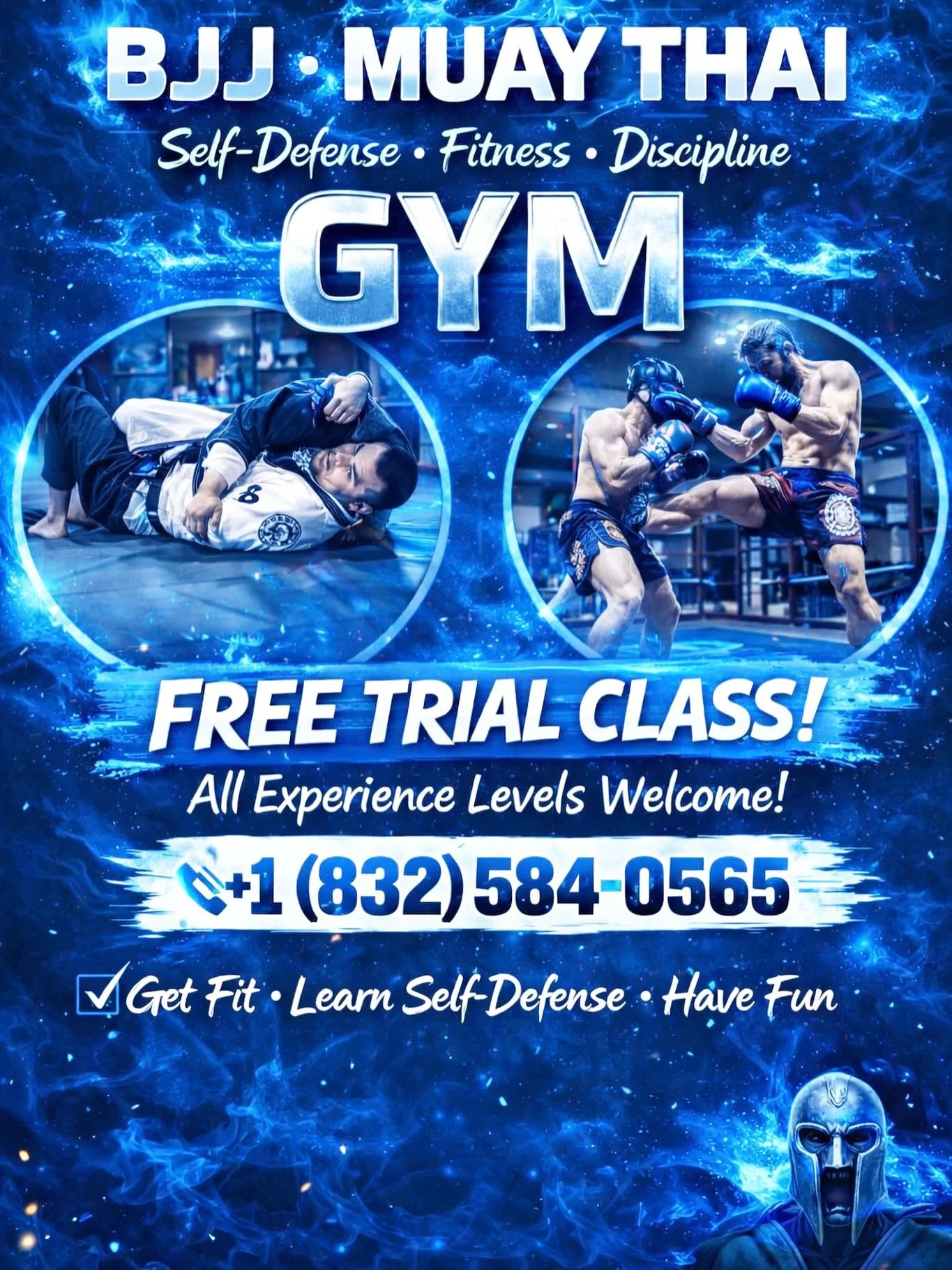 Ready to level up? 🔥

Try Brazilian Jiu Jitsu &amp; Muay Thai &mdash; no experience needed.

🥋 Get in shape
🥊 Learn real self-defense
💪 Build confidence

FREE trial class available now.  Call/Text: (832) 584-0565

Spots fill fast &mdash; come see
