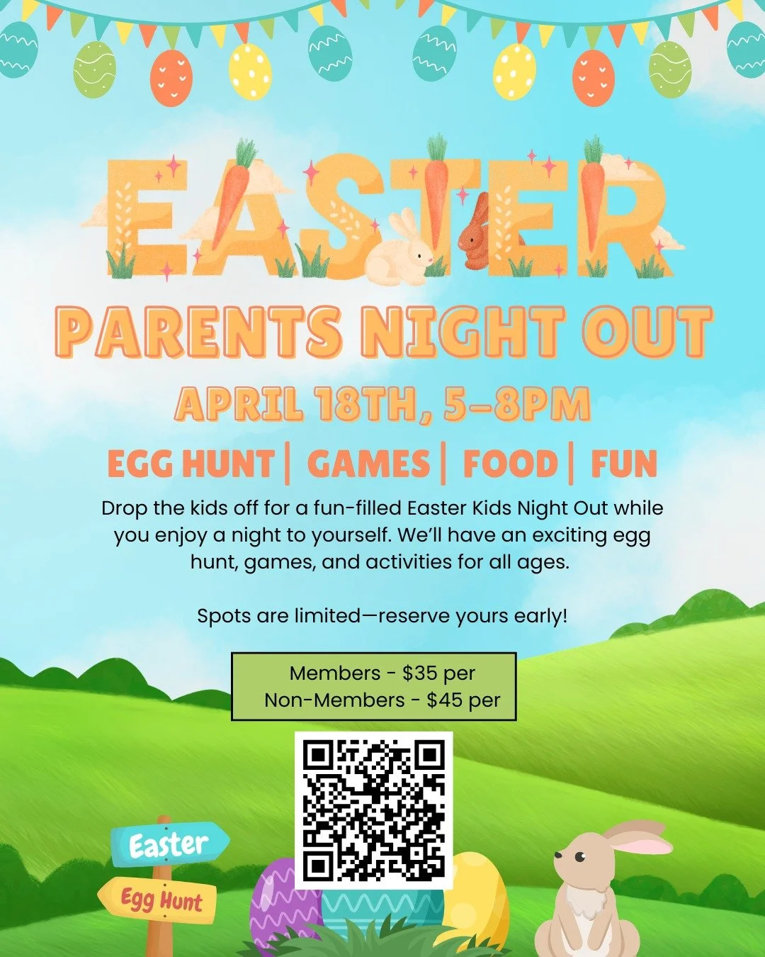 Parents&hellip; you deserve a night off 👀

Drop the kids off and let us handle the fun at our Easter Parents Night Out 🐣
We&rsquo;ve got egg hunts, games, food, and nonstop fun lined up.

📅 April 18th | 5&ndash;8 PM
🎟️ Spots are limited&mdash;gra