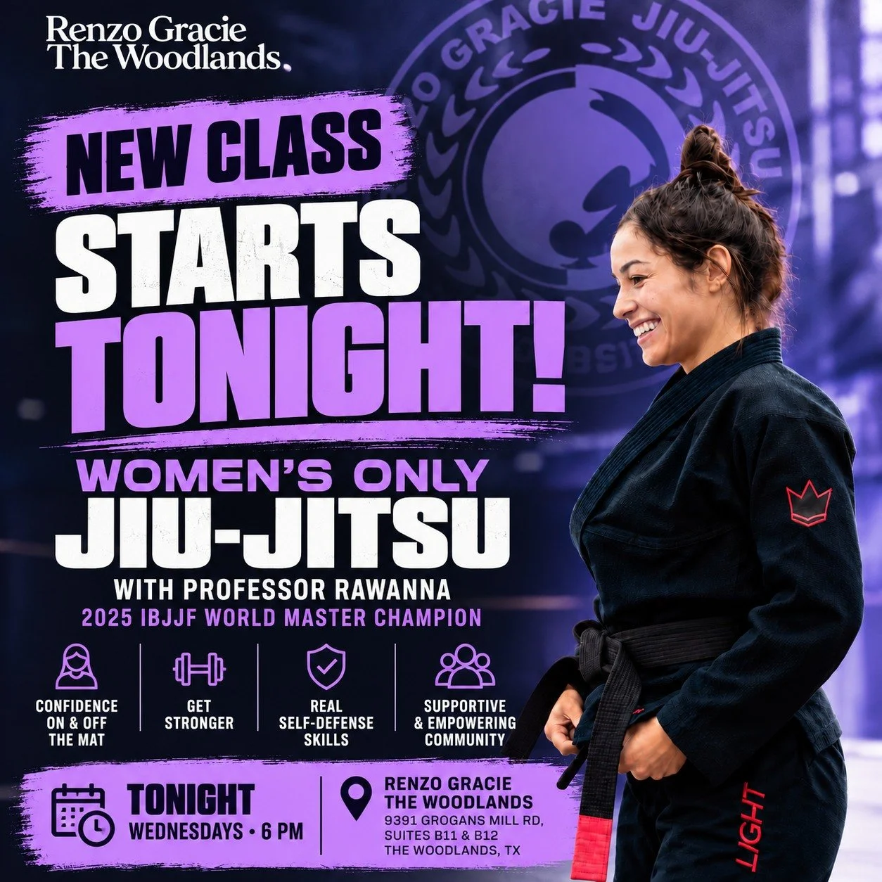 🥋 NEW WOMEN&rsquo;S ONLY JIU-JITSU CLASS STARTS TONIGHT! 💜
Join Professor Rawanna &mdash; 2025 IBJJF World Master Champion &mdash; for our new Women&rsquo;s Only Jiu-Jitsu class at Renzo Gracie The Woodlands.
Whether you&rsquo;re brand new or alrea