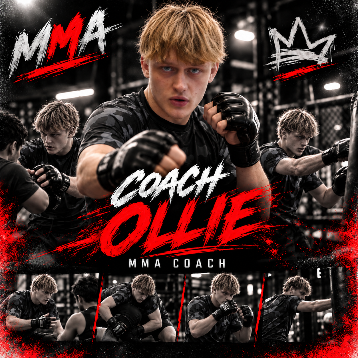 Coach Ollie poses in MMA gloves, with smaller training scenes below. The black-and-red graphic reads “Coach Ollie, MMA Coach.”