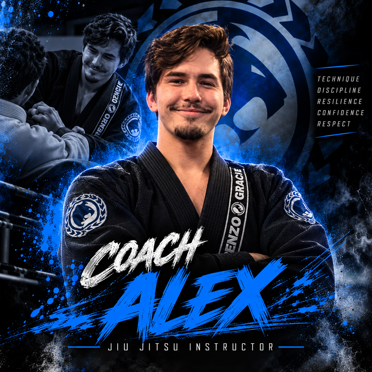 Coach Alex, Jiu-Jitsu instructor at Renzo Gracie The Woodlands, wearing a black gi.