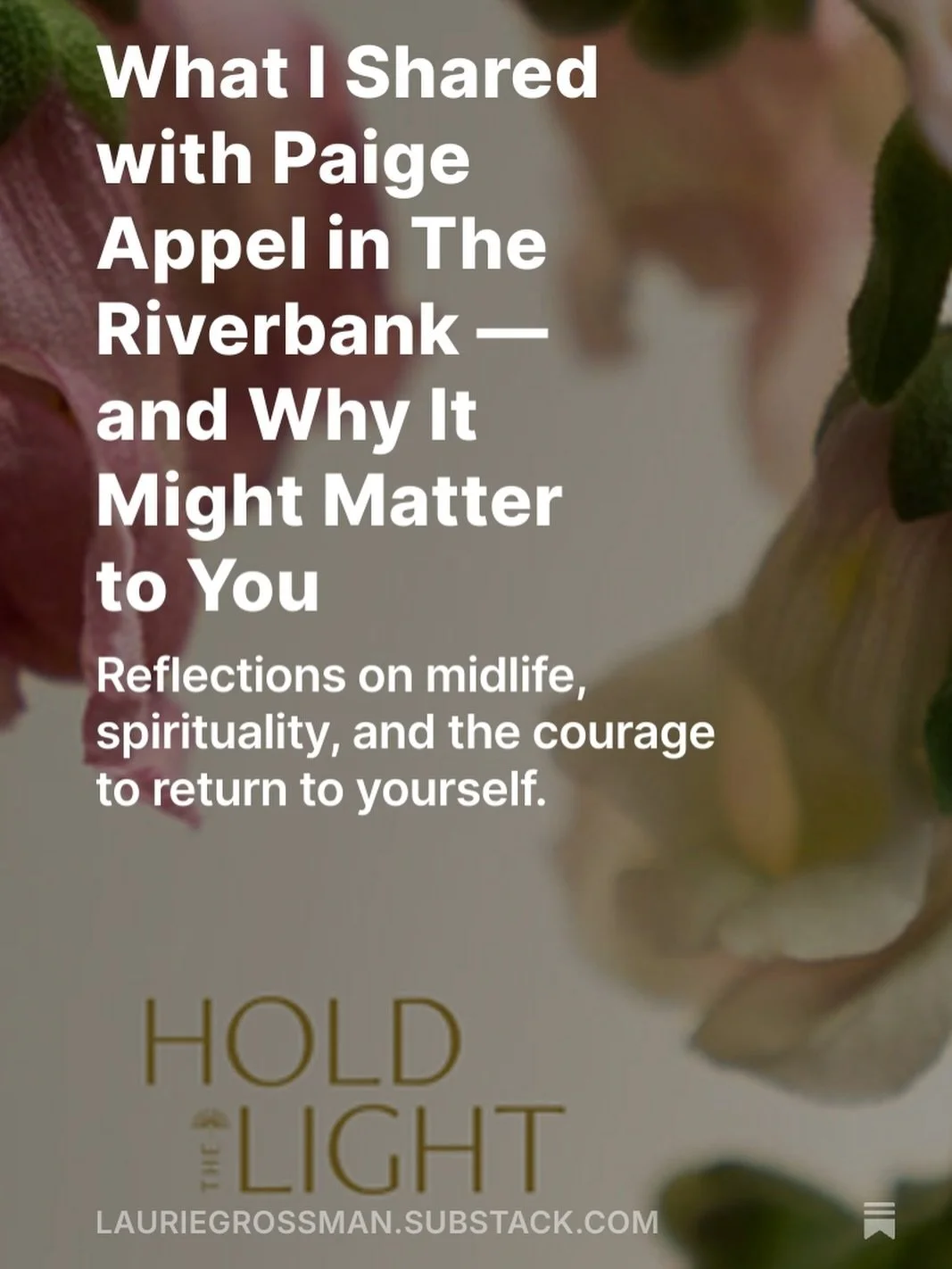 Reflections on midlife, spirituality, and the courage to return to yourself&mdash;based on my Q&amp;A with Paige Appel and @riverbank____ . Learn more on my Substack: Hold the Light with Laurie Gunning Grossman.