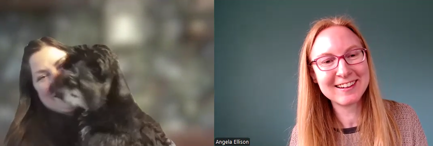 Screenshot of a live virtual animal communication, which shows Angela, the animal communicator on the right and the pet parent and her dog on the left.
